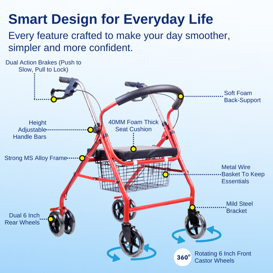 Aasraa Red Rover Rollator ARR05R | Four Wheel Rollator Walker