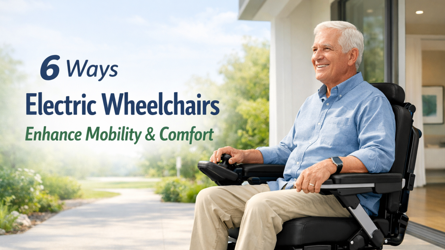 Man smiling while sitting in an electric wheelchair on a sunny patio, with text reading “6 Ways Electric Wheelchairs Enhance Mobility & Comfort.