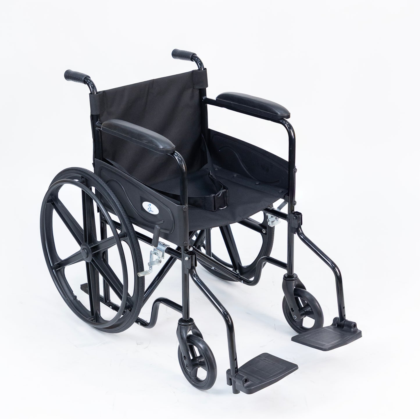 Black wheelchair on a white background open with flip up legrest front tilt angle