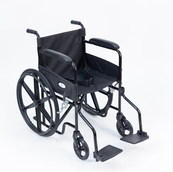 Black wheelchair on a white background open with flip up legrest front tilt angle