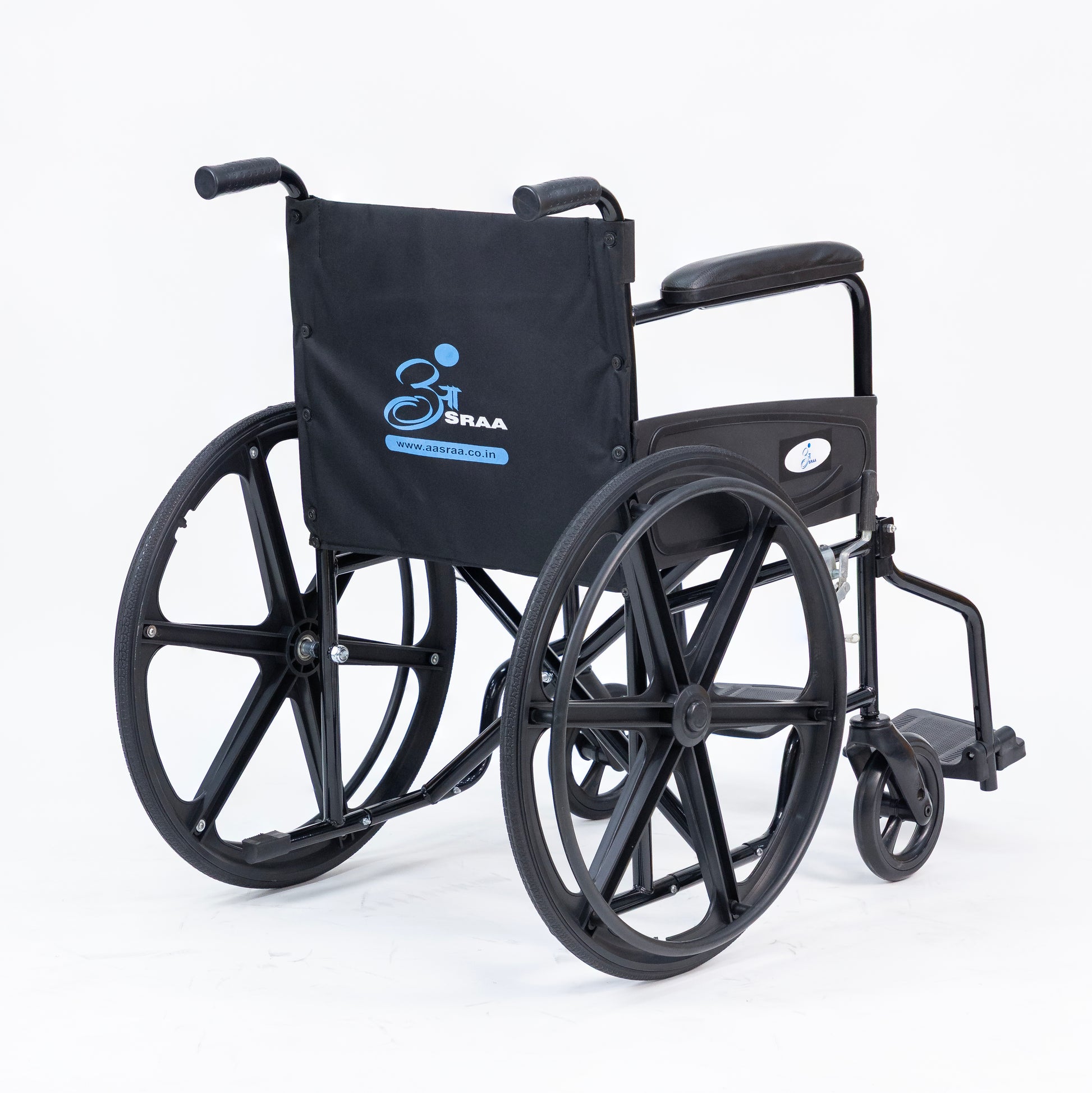 Black wheelchair with visible AASRAA branding on backrest. Image is with a white background. Wheelchair is facing forward and the back can be seen.
