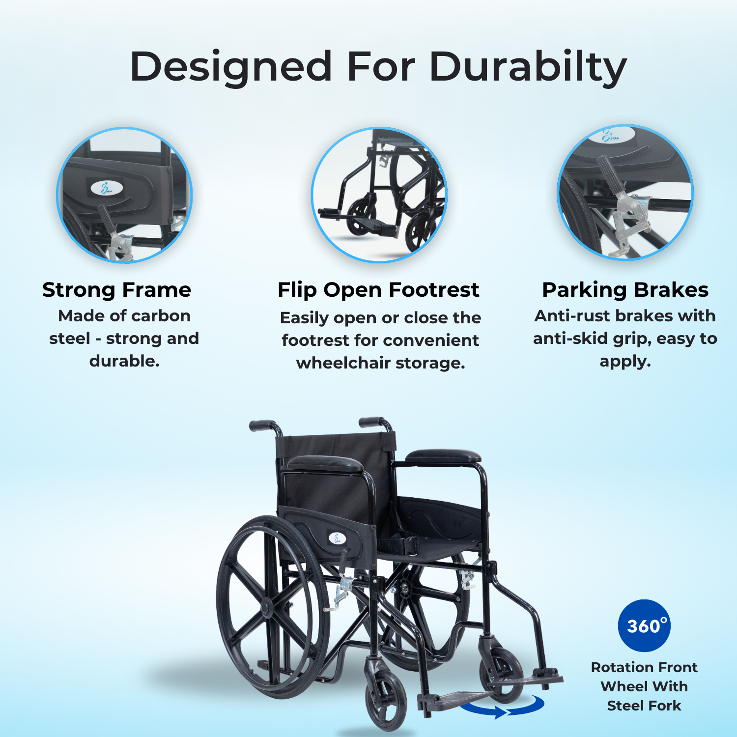 Wheelchair with features highlighted on a light blue background