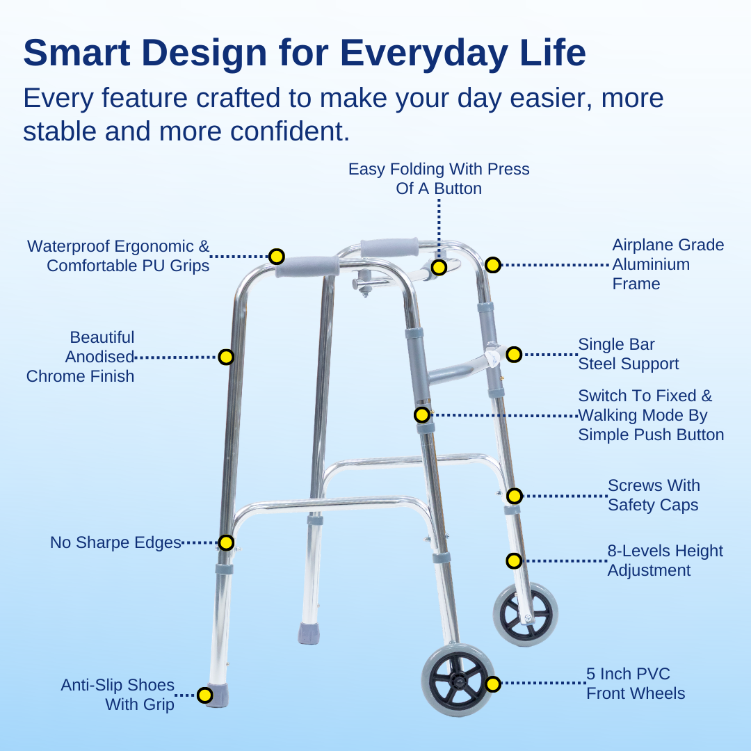 Aasraa Chromemate+ ARW35C | Aluminium Folding Walker With Wheels & Dual Walking Modes (Shiny Finish)