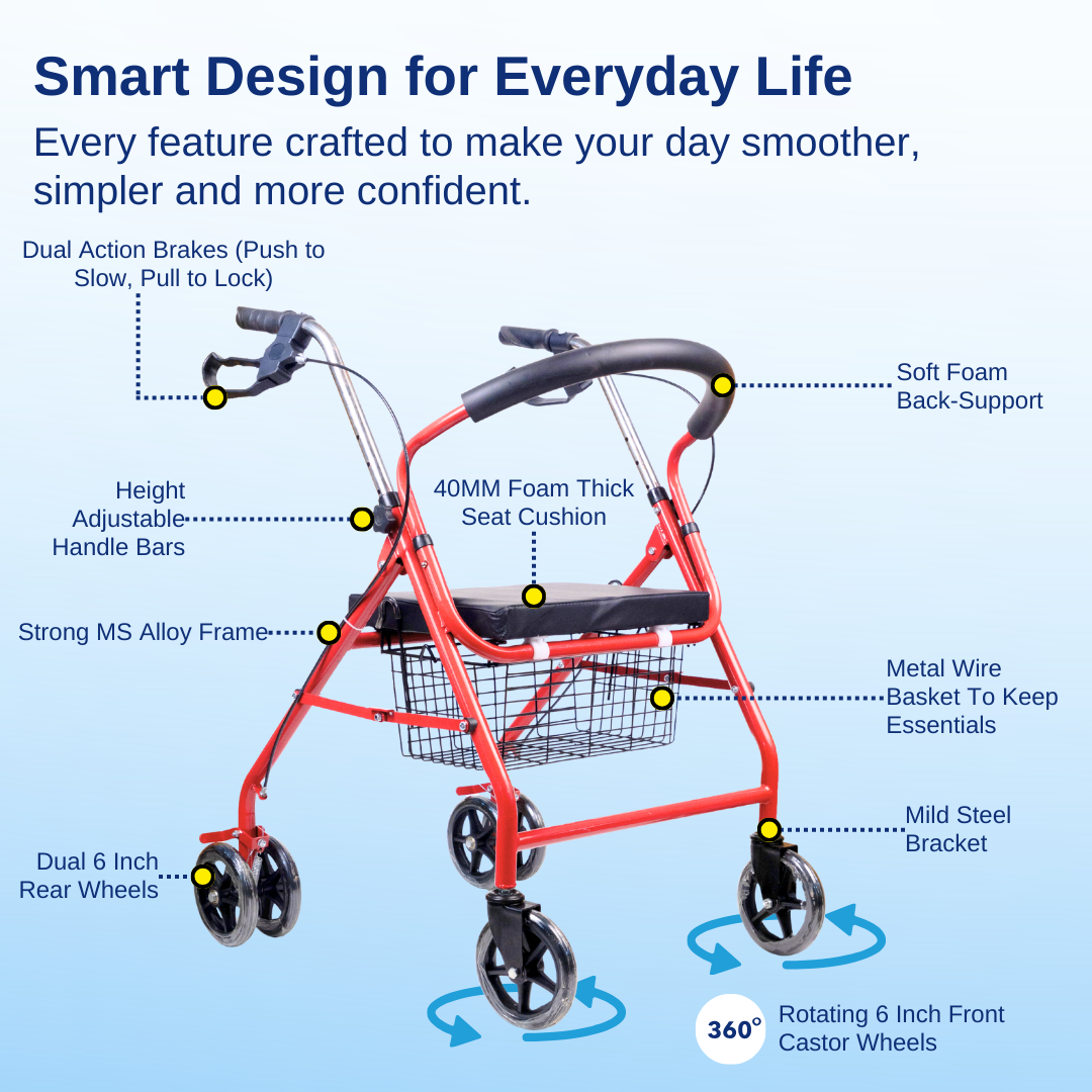 Aasraa Red Rover Rollator ARR05R | Four Wheel Rollator Walker