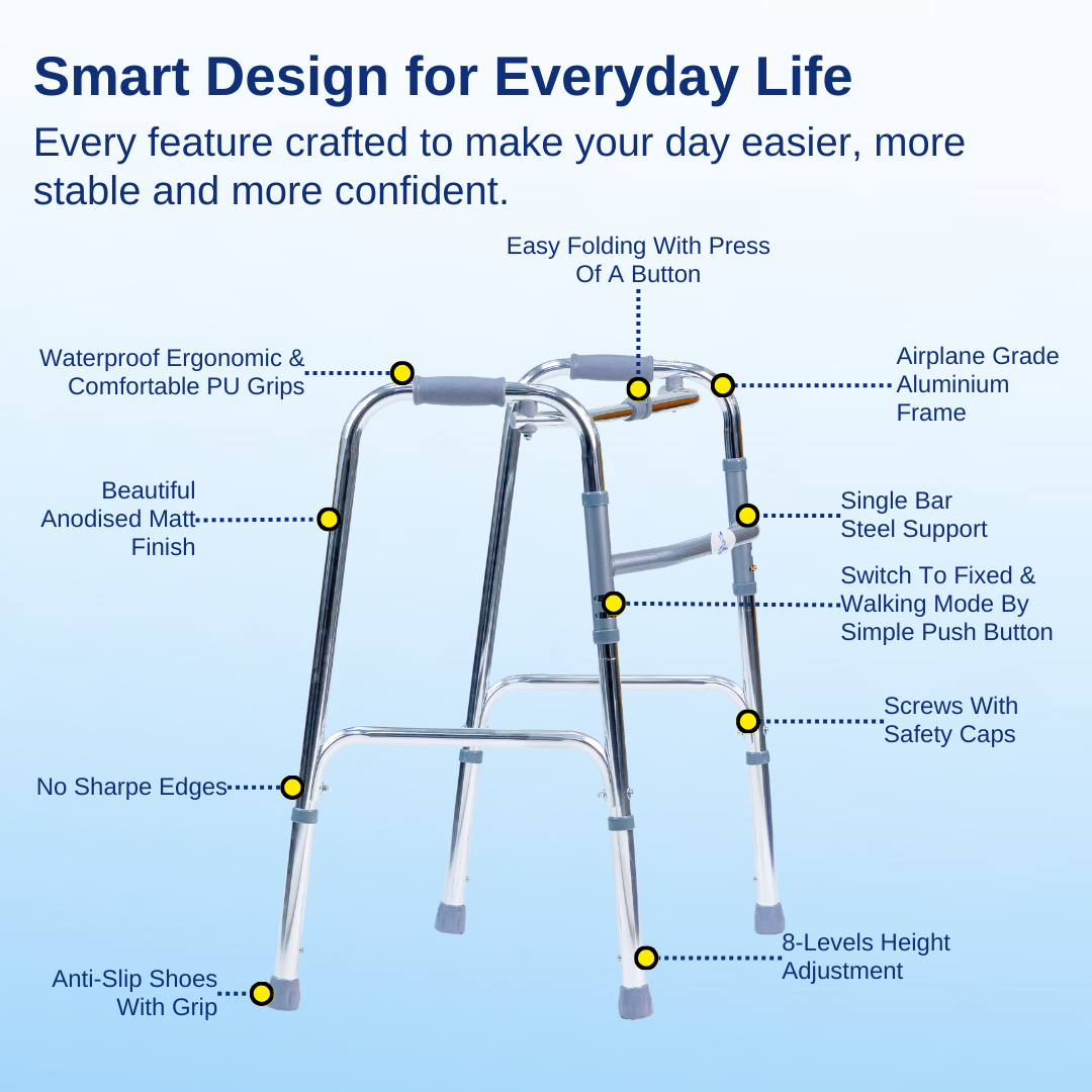 Aasraa Chromemate ARW15C | Aluminium Folding Walker With Dual Walking Modes (Shiny Finish)