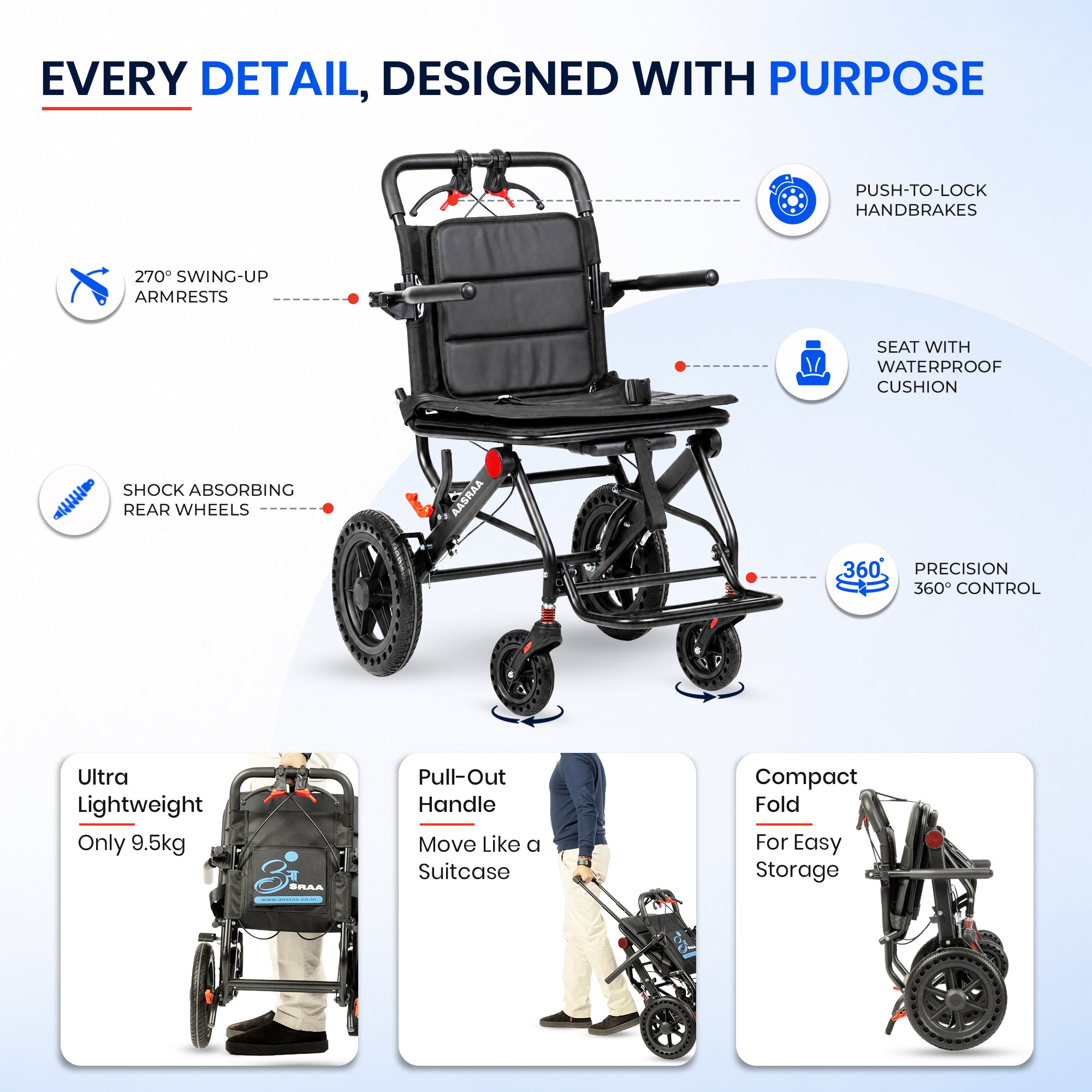 Aasraa Flyte Plus AR137B | Lightweight Travel Wheelchair (19 Inch Seat Width / AL Frame)