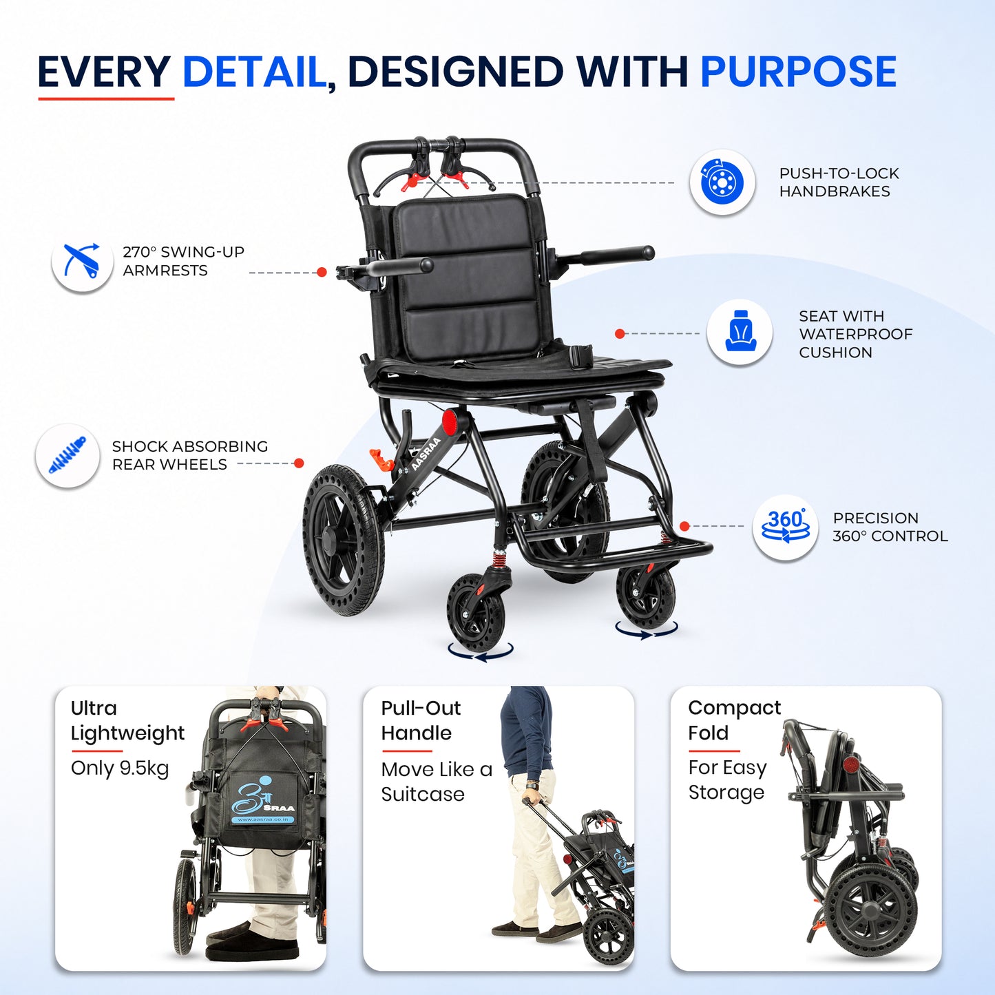 Aasraa Flyte Plus AR137B | Lightweight Travel Wheelchair (19 Inch Seat Width / AL Frame)