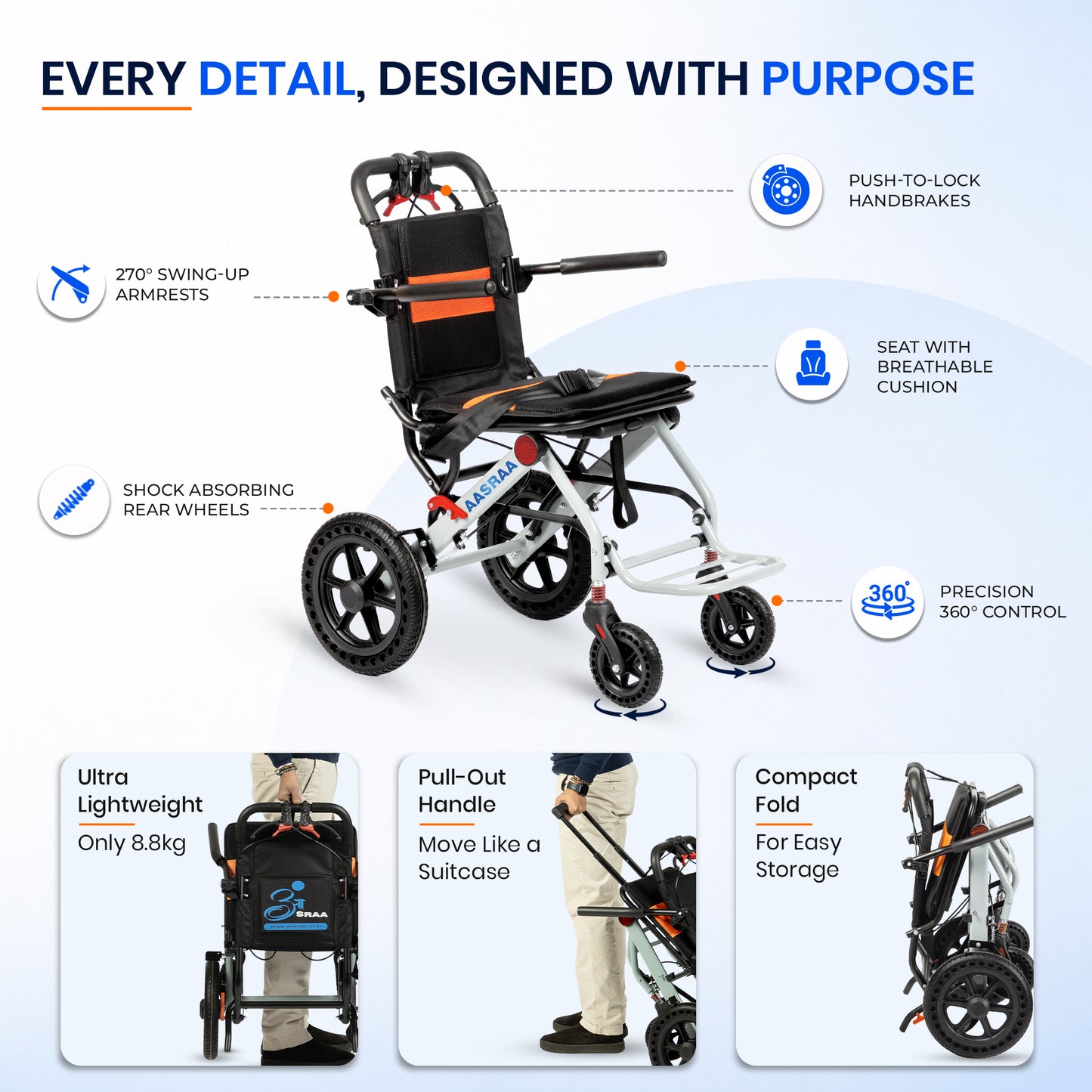 AASRAA Flyte Go AR107Y | Lightweight Travel Wheelchair (15 Inch Seat / MS Frame)