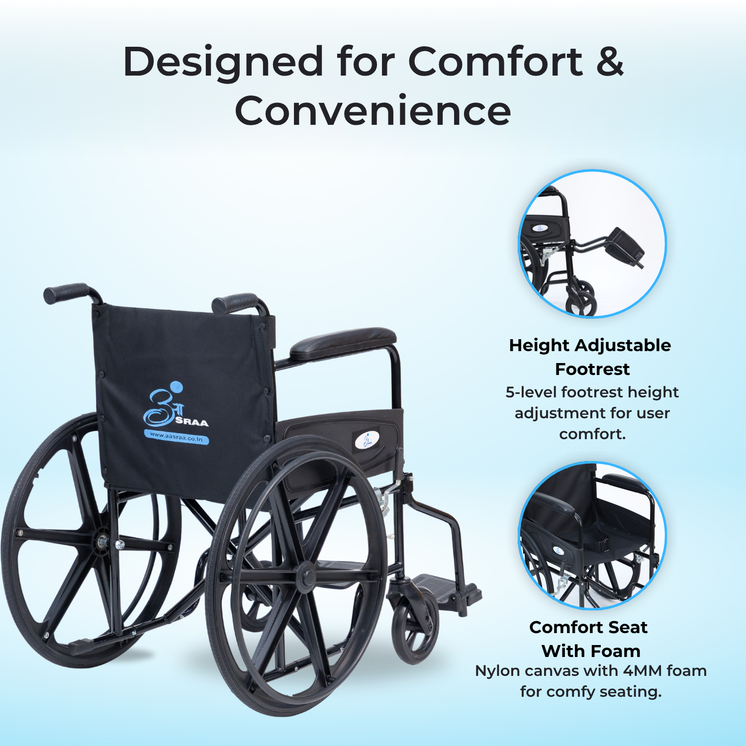 Wheelchair with height adjustable footrest and comfort seat on a light blue background