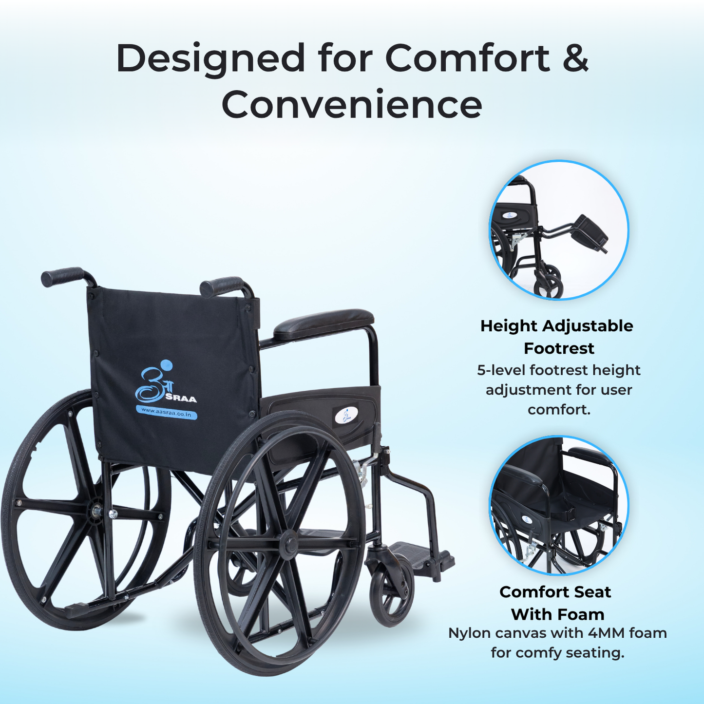 Wheelchair with height adjustable footrest and comfort seat on a light blue background