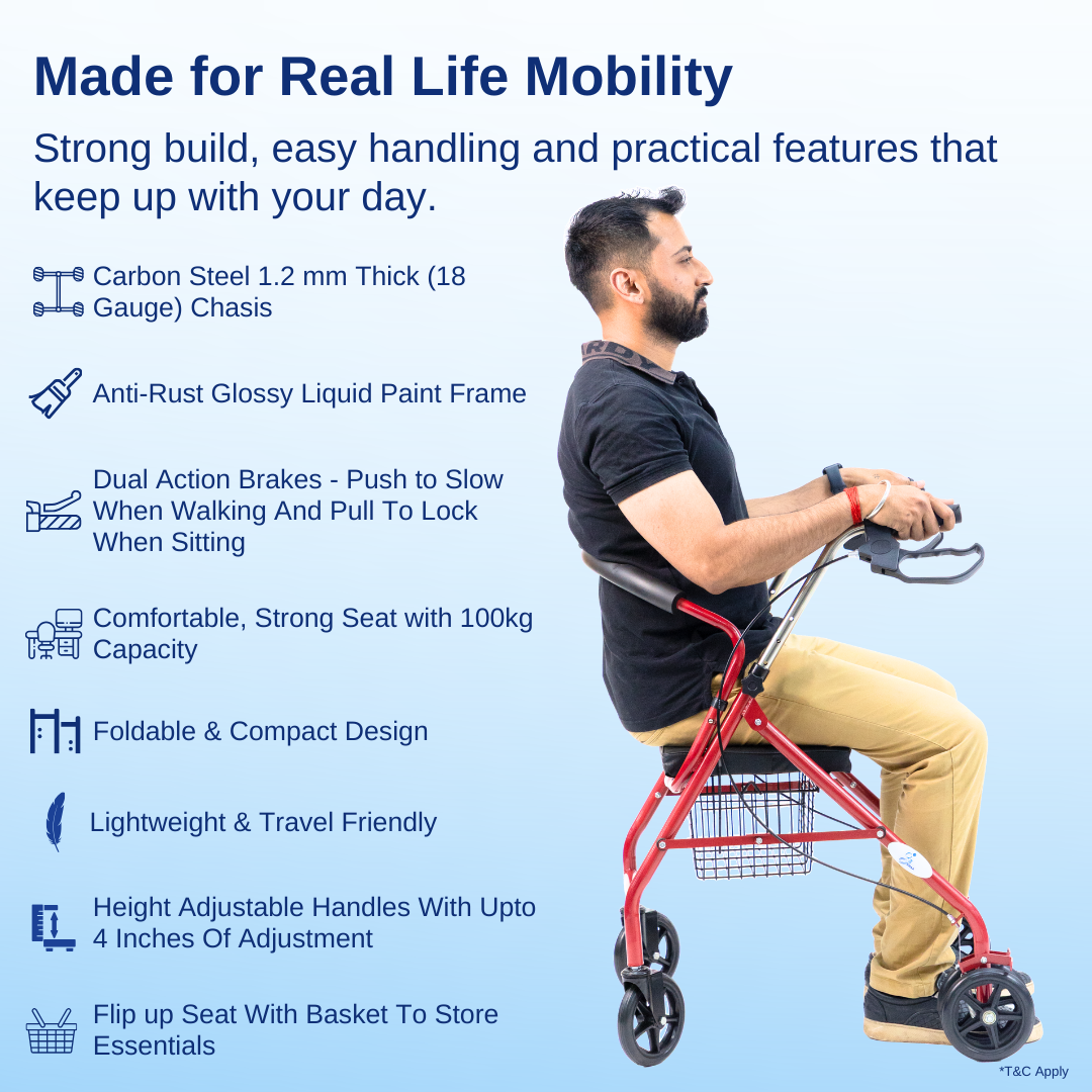 Aasraa Red Rover Rollator ARR05R | Four Wheel Rollator Walker