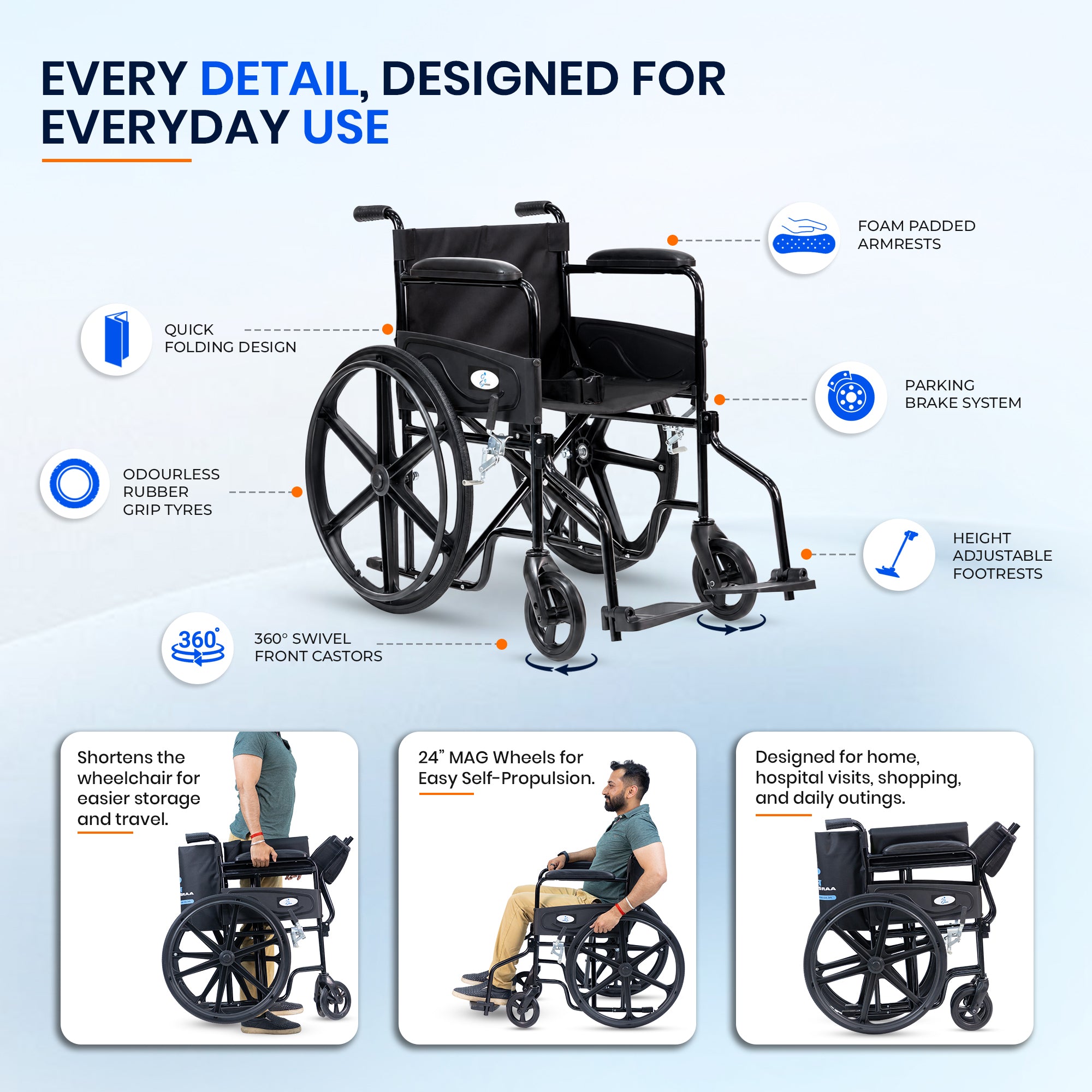 Aasraa Budget AR209B | Compact Folding Wheelchair