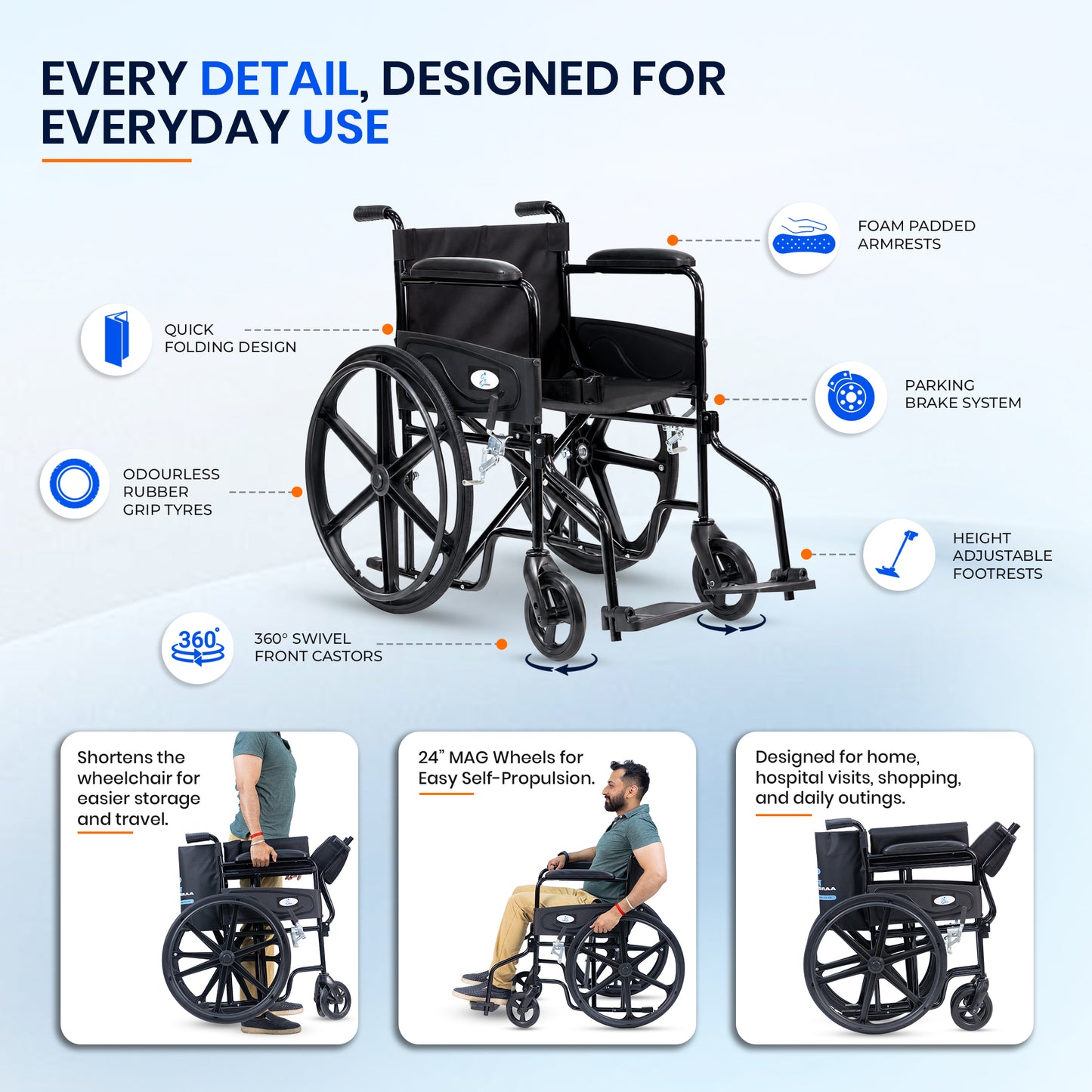 Aasraa Budget AR209B | Compact Folding Wheelchair
