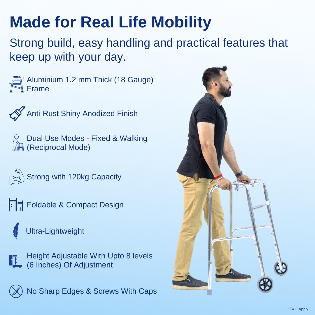 Aasraa Chromemate+ ARW35C | Aluminium Folding Walker With Wheels & Dual Walking Modes (Shiny Finish)