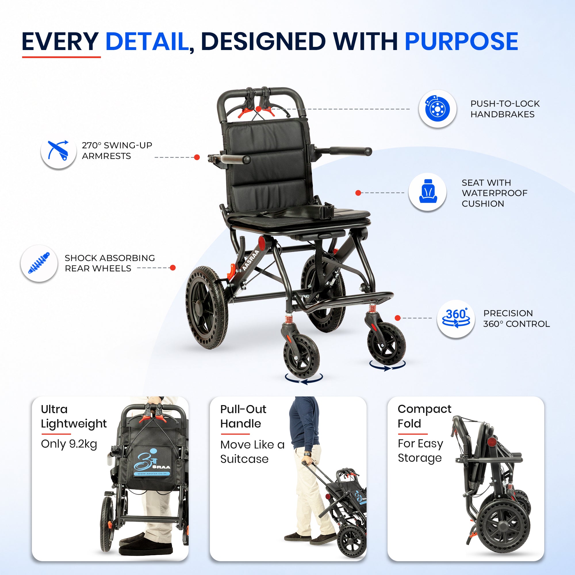Aasraa Flyte Lite AR127B | Lightweight Travel Wheelchair (16 Inch Seat Width / AL Frame)