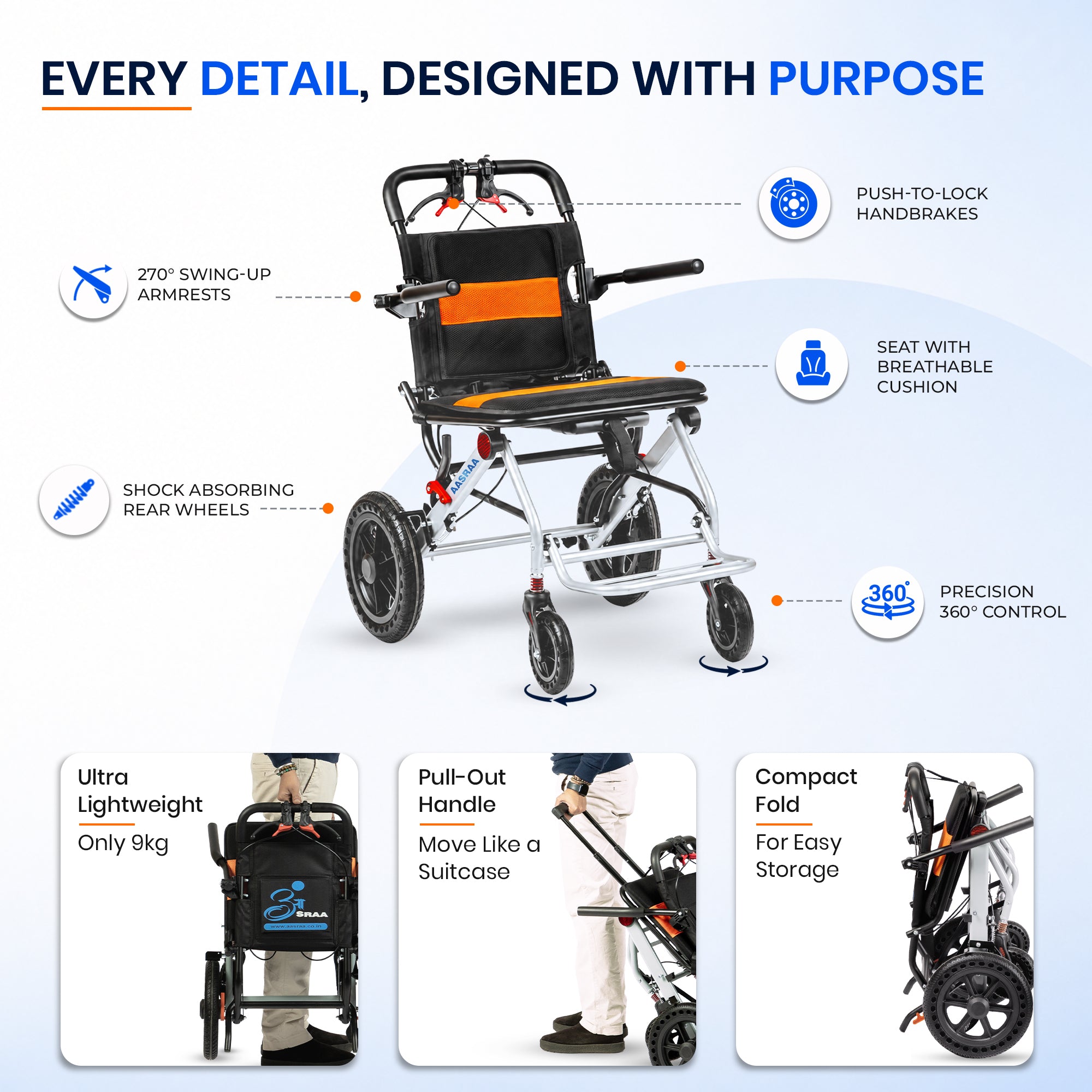 Aasraa Flyte Go Plus AR117S | Lightweight Travel Wheelchair (18 Inch Seat Width / MS Frame)