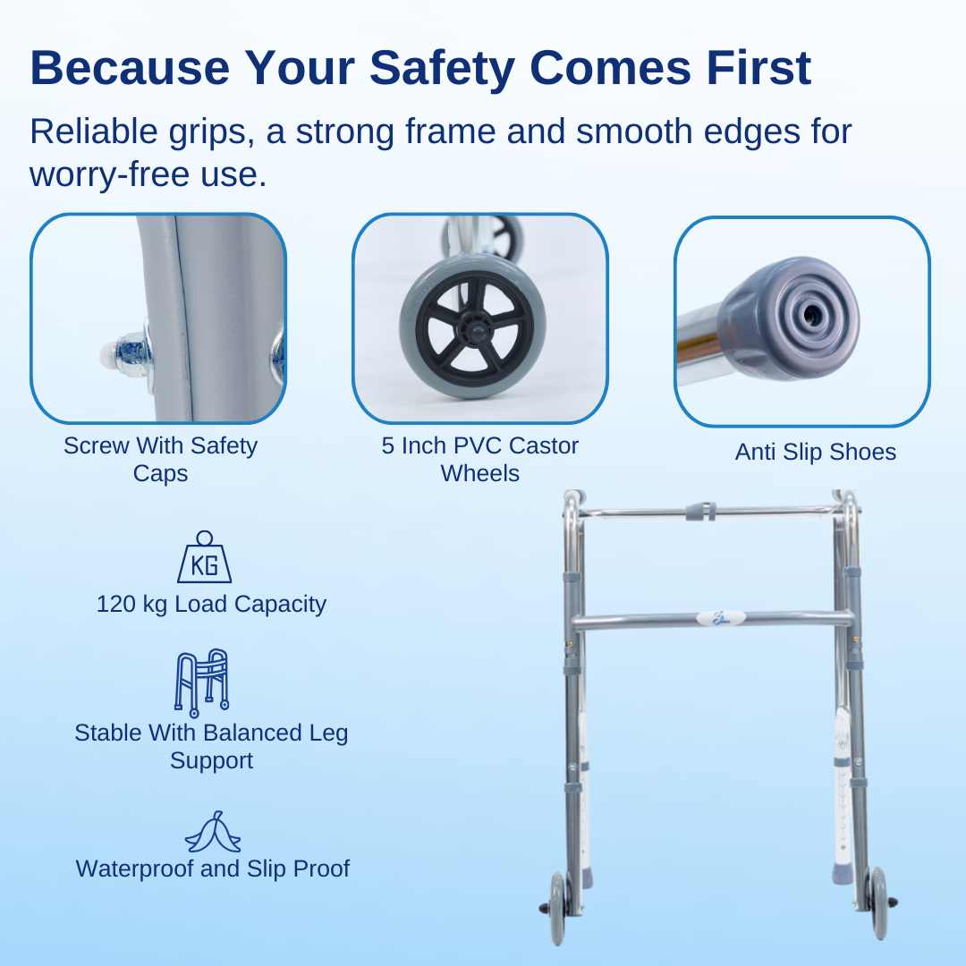 Aasraa Chromemate+ ARW35C | Aluminium Folding Walker With Wheels & Dual Walking Modes (Shiny Finish)