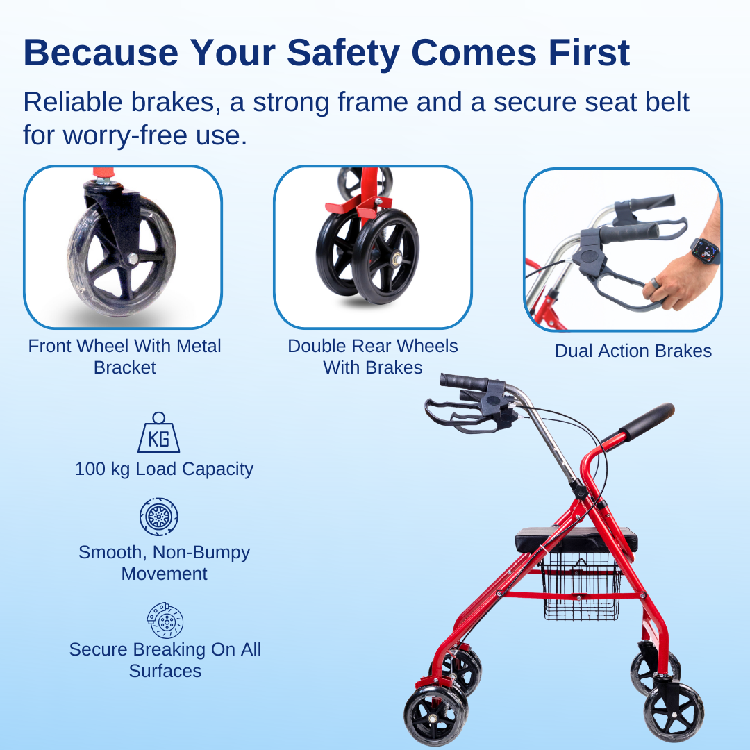 Aasraa Red Rover Rollator ARR05R | Four Wheel Rollator Walker