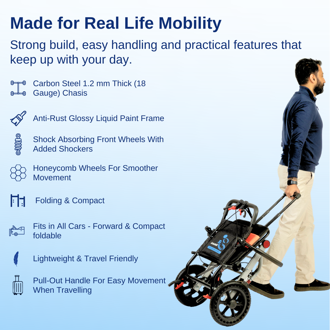 Aasraa Flyte Go Plus AR117S | Lightweight Travel Wheelchair (18 Inch Seat Width / MS Frame)