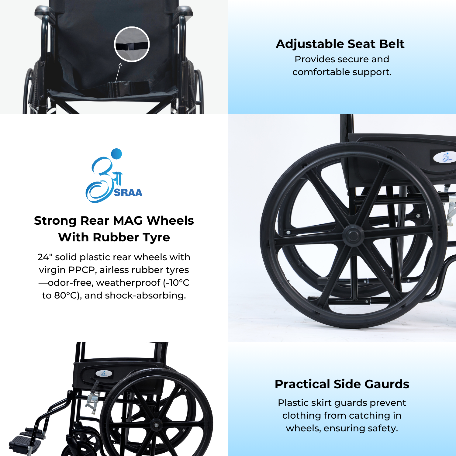 Wheelchair with features highlighted on a white background