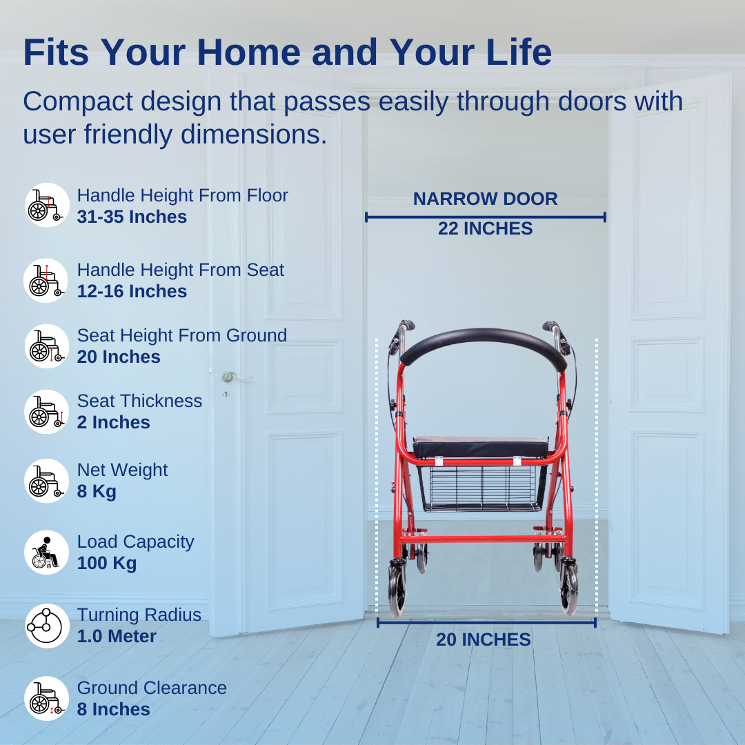 Aasraa Red Rover Rollator ARR05R | Four Wheel Rollator Walker