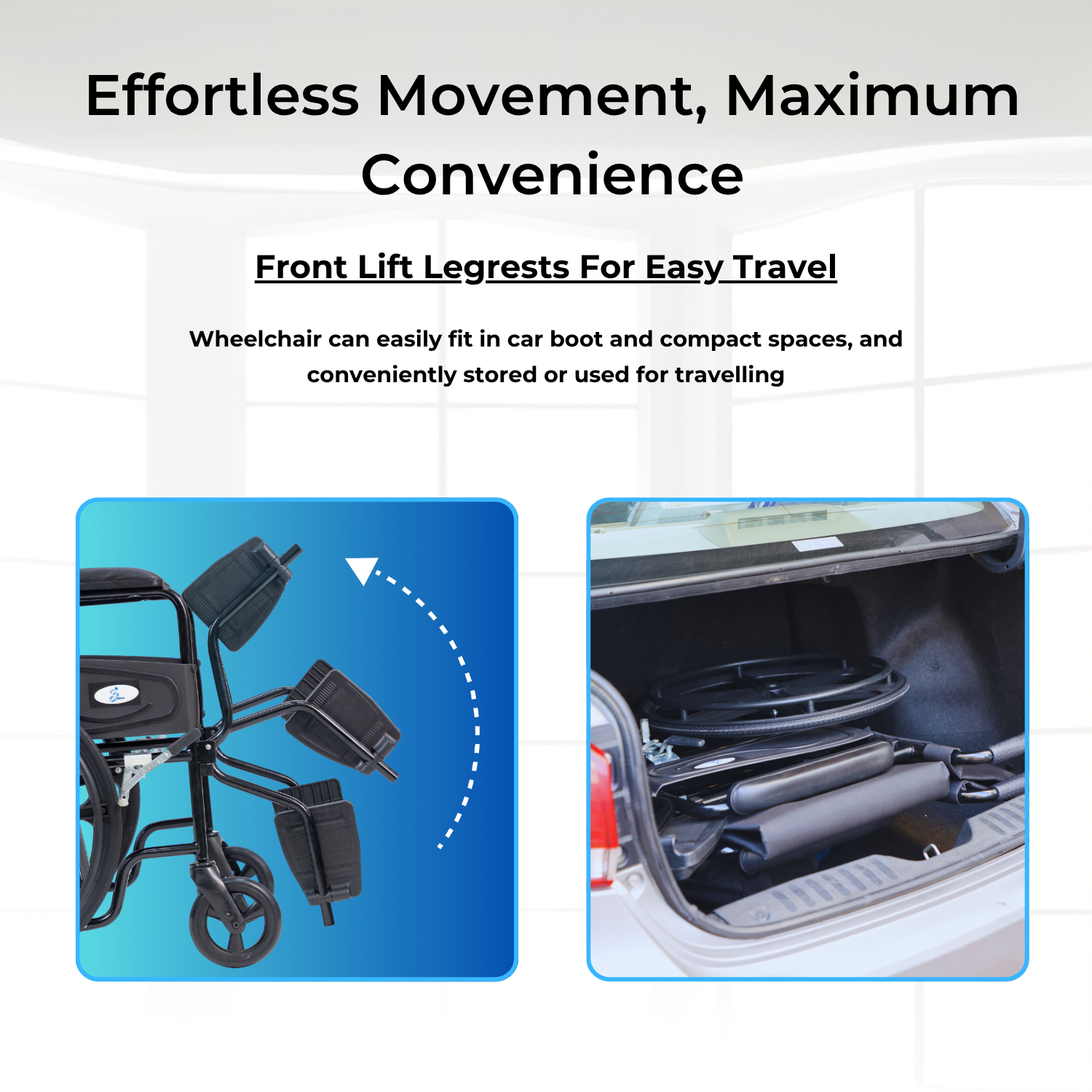 Wheelchair with front lift legrests being folded into a car boot, with text about convenience and ease of travel.