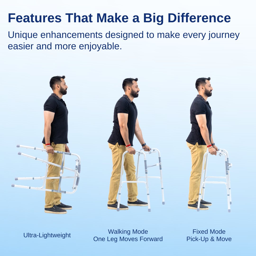 Aasraa Chromemate ARW15C | Aluminium Folding Walker With Dual Walking Modes (Shiny Finish)