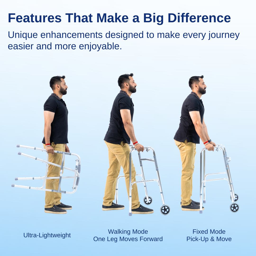 Aasraa Chromemate+ ARW35C | Aluminium Folding Walker With Wheels & Dual Walking Modes (Shiny Finish)