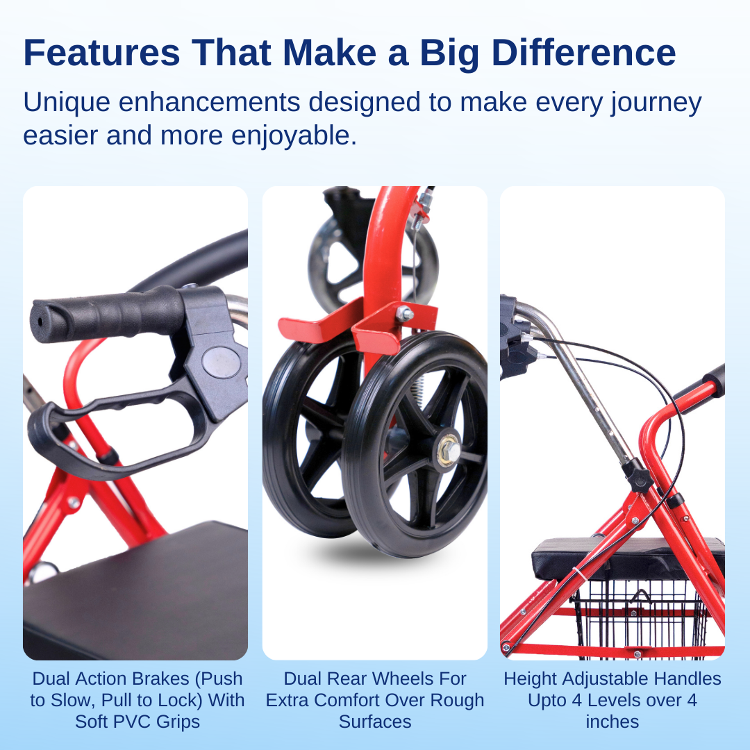 Aasraa Red Rover Rollator ARR05R | Four Wheel Rollator Walker