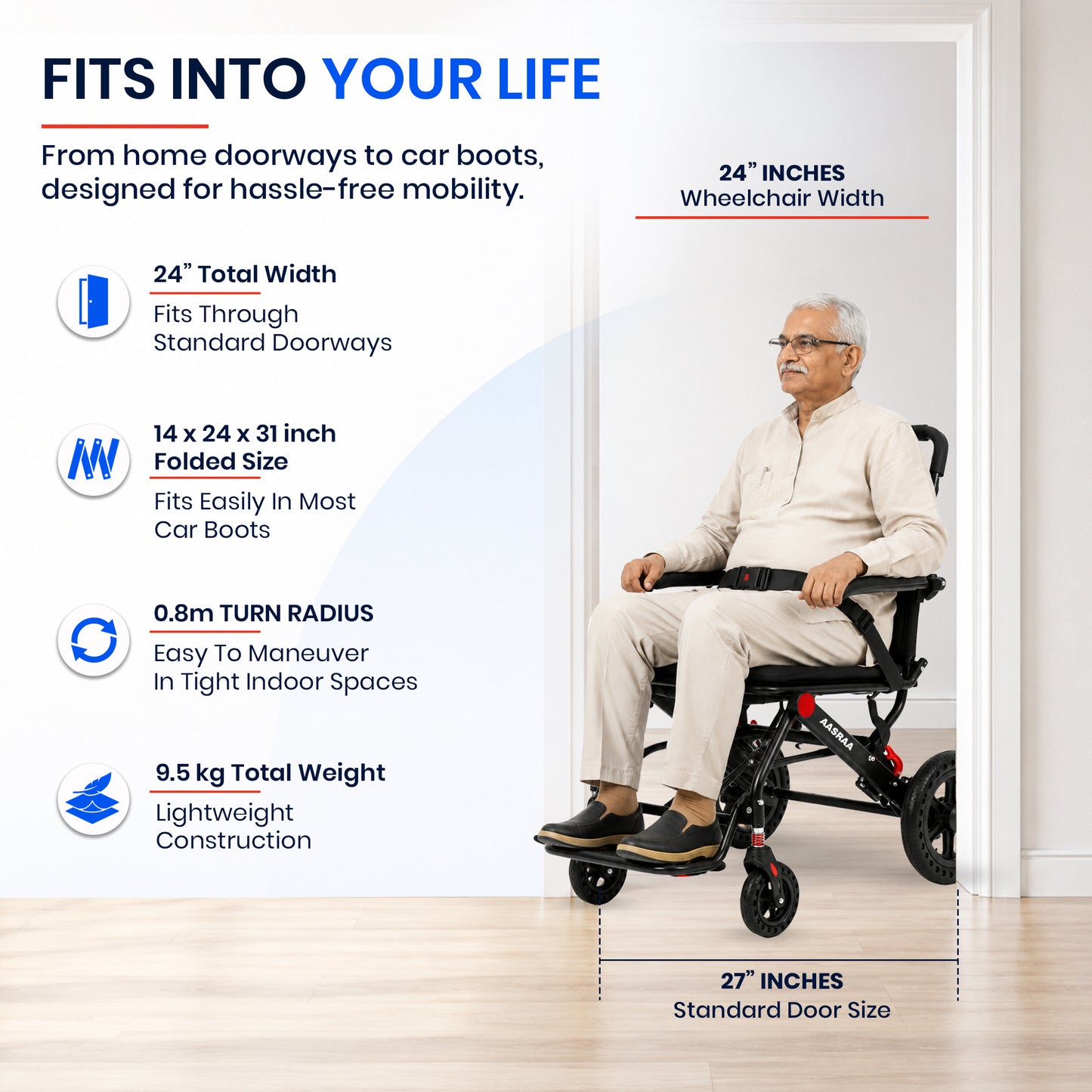 Aasraa Flyte Plus AR137B | Lightweight Travel Wheelchair (19 Inch Seat Width / AL Frame)