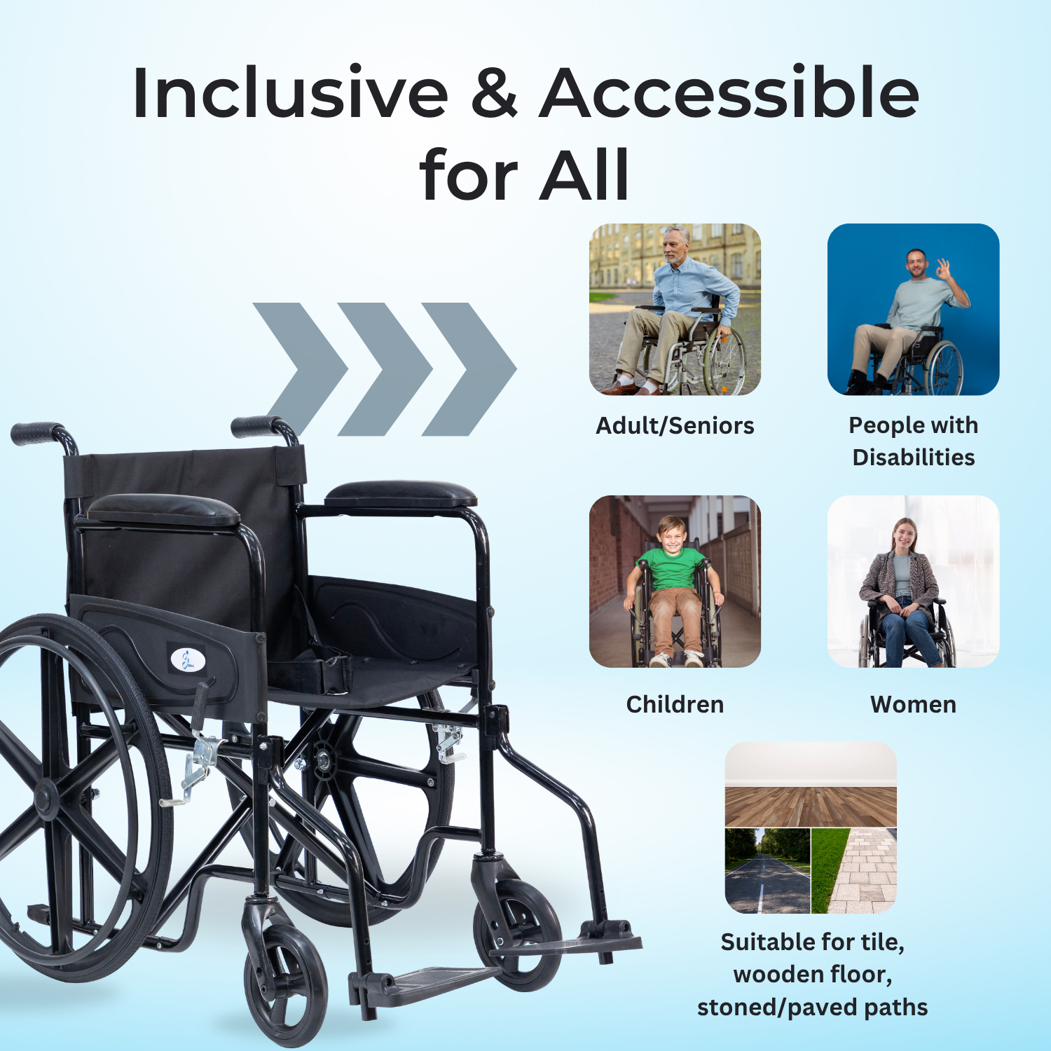 Wheelchair with text 'Inclusive & Accessible for All' and images of people using the wheelchair.