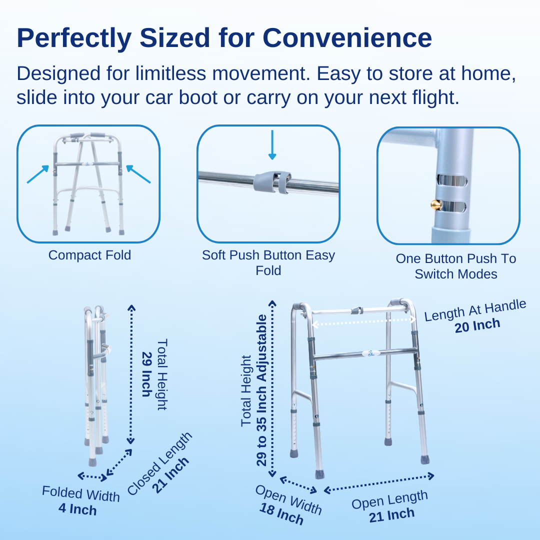 Aasraa Chromemate ARW15C | Aluminium Folding Walker With Dual Walking Modes (Shiny Finish)