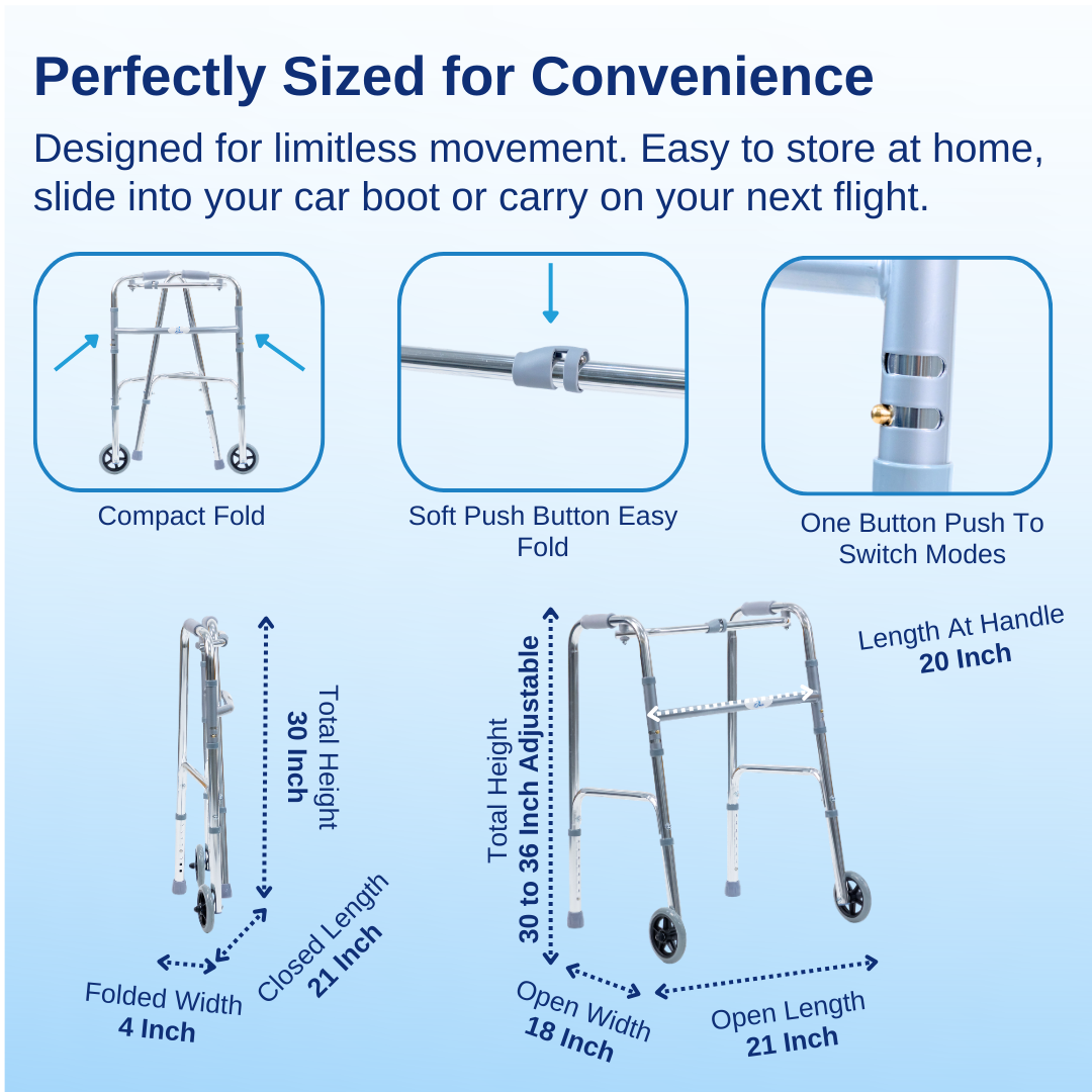 Aasraa Chromemate+ ARW35C | Aluminium Folding Walker With Wheels & Dual Walking Modes (Shiny Finish)