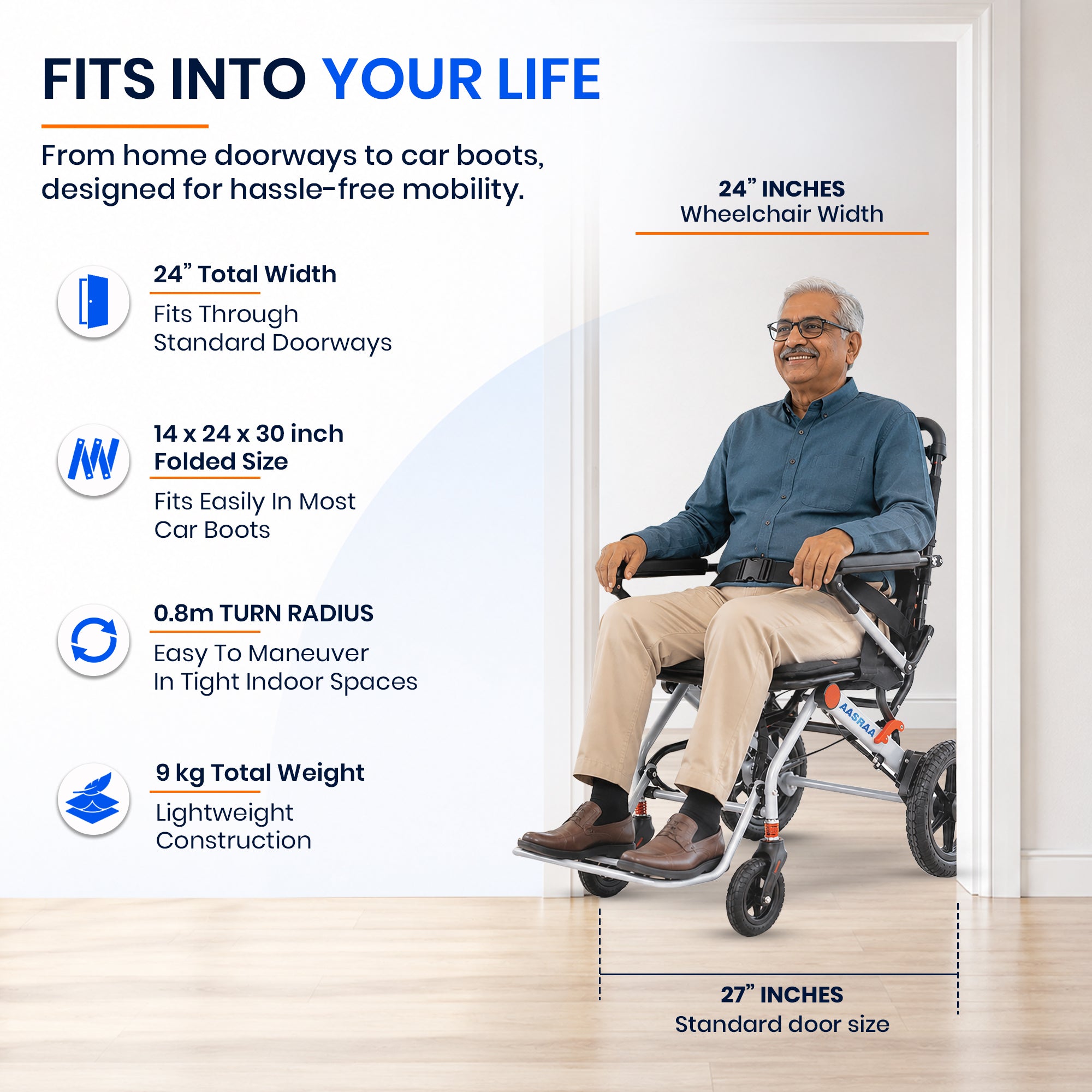 Aasraa Flyte Go Plus AR117S | Lightweight Travel Wheelchair (18 Inch Seat Width / MS Frame)