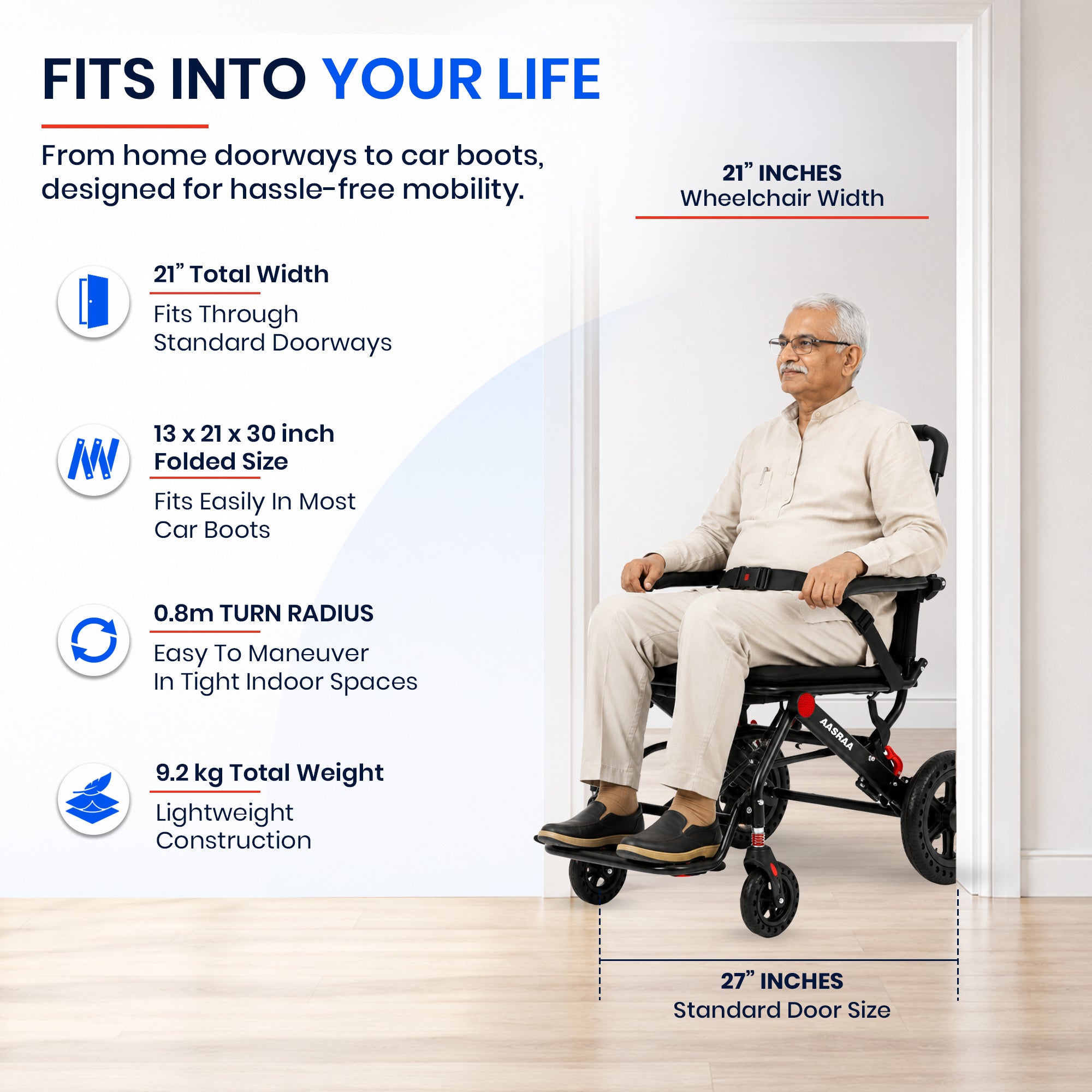 Aasraa Flyte Lite AR127B | Lightweight Travel Wheelchair (16 Inch Seat Width / AL Frame)