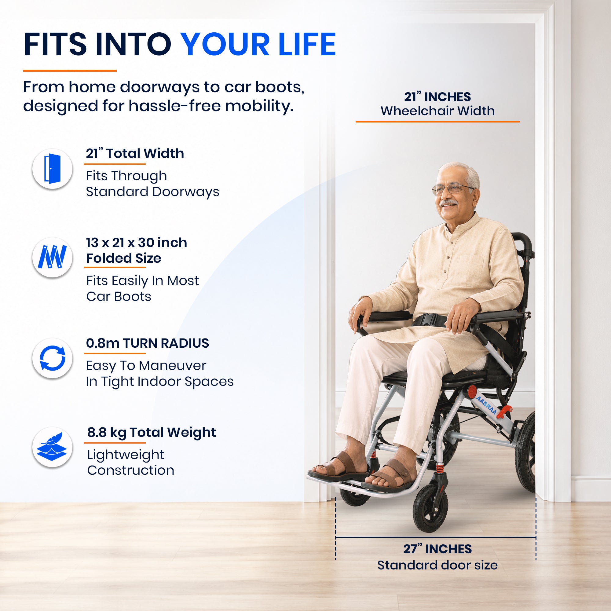 AASRAA Flyte Go AR107Y | Lightweight Travel Wheelchair (15 Inch Seat / MS Frame)