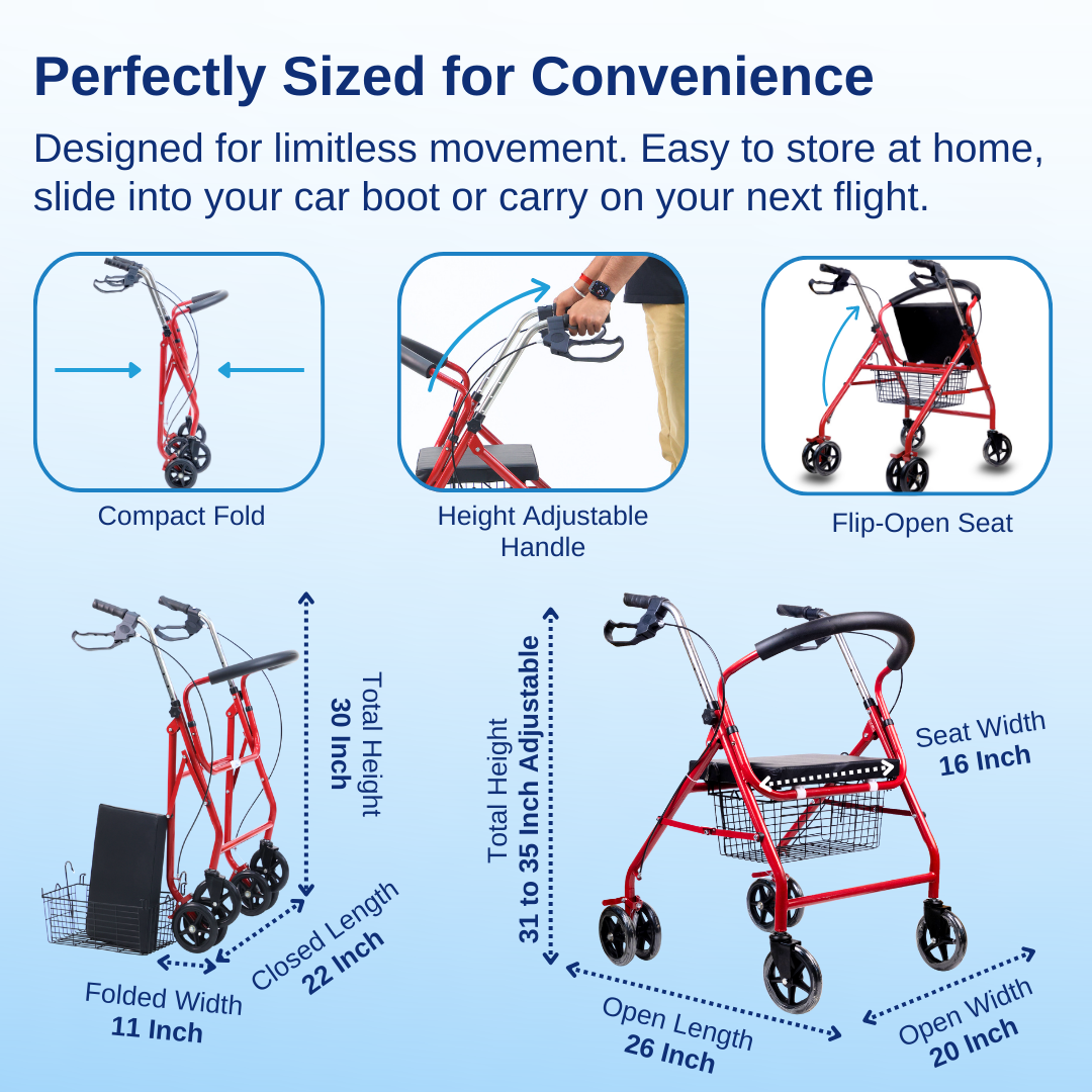 Aasraa Red Rover Rollator ARR05R | Four Wheel Rollator Walker