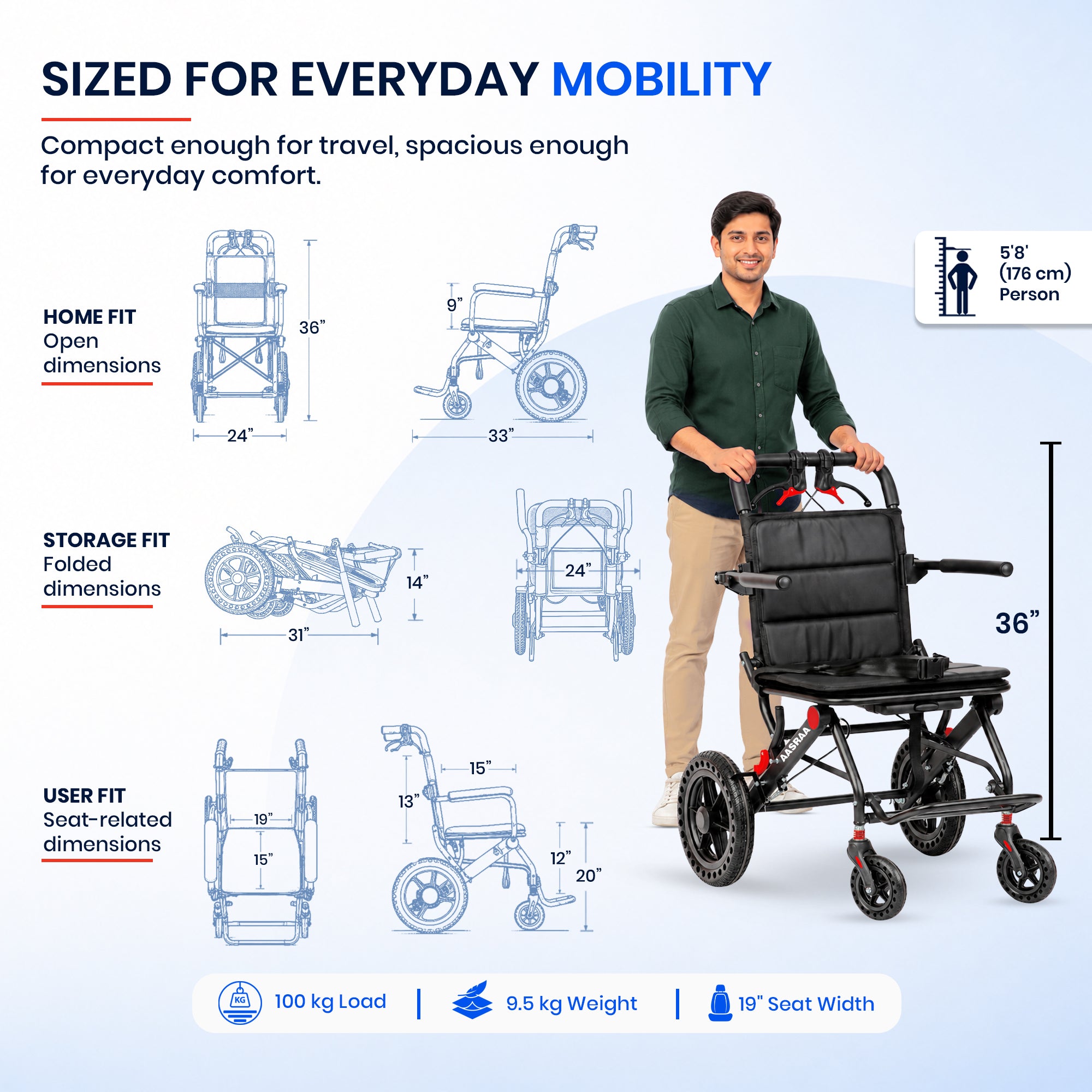 Aasraa Flyte Plus AR137B | Lightweight Travel Wheelchair (19 Inch Seat Width / AL Frame)