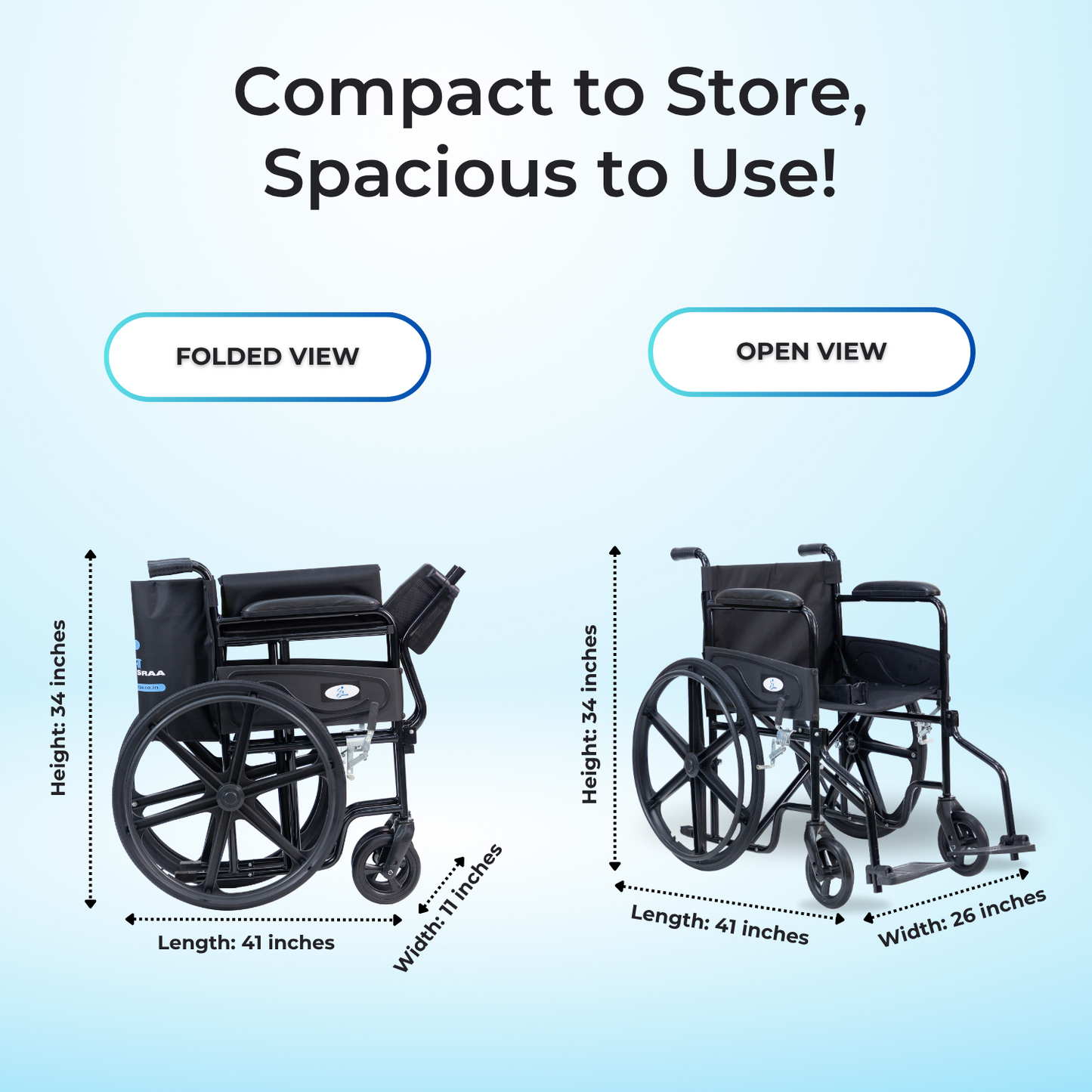 Comparison of a wheelchair in folded and open views with measurements on a light blue background.