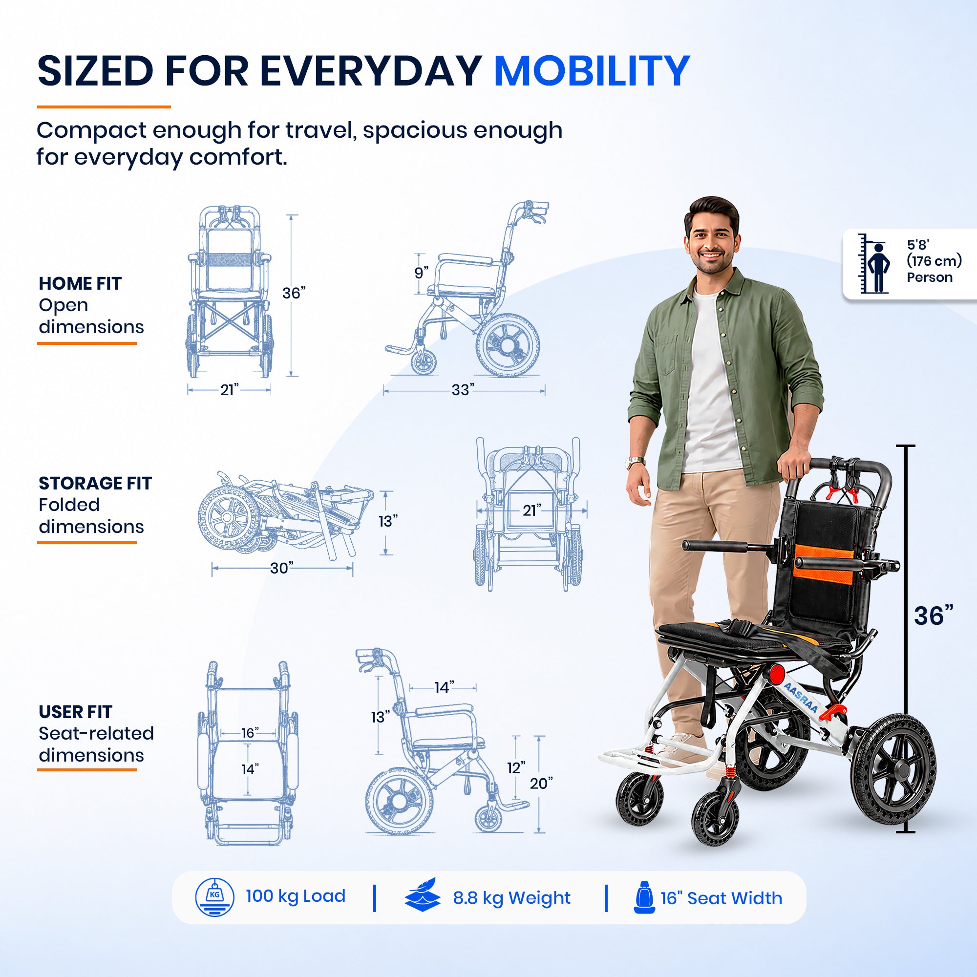 AASRAA Flyte Go AR107Y | Lightweight Travel Wheelchair (15 Inch Seat / MS Frame)