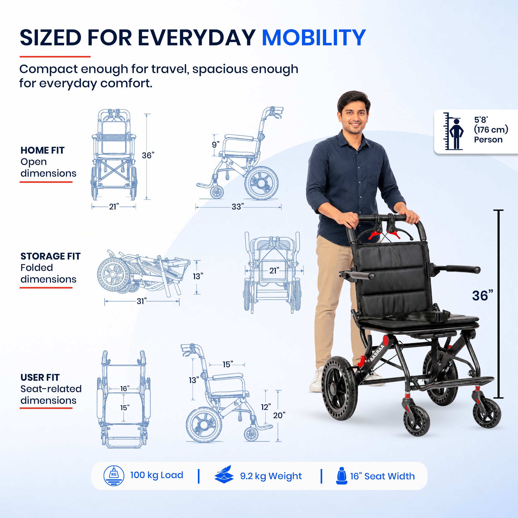 Aasraa Flyte Lite AR127B | Lightweight Travel Wheelchair (16 Inch Seat Width / AL Frame)