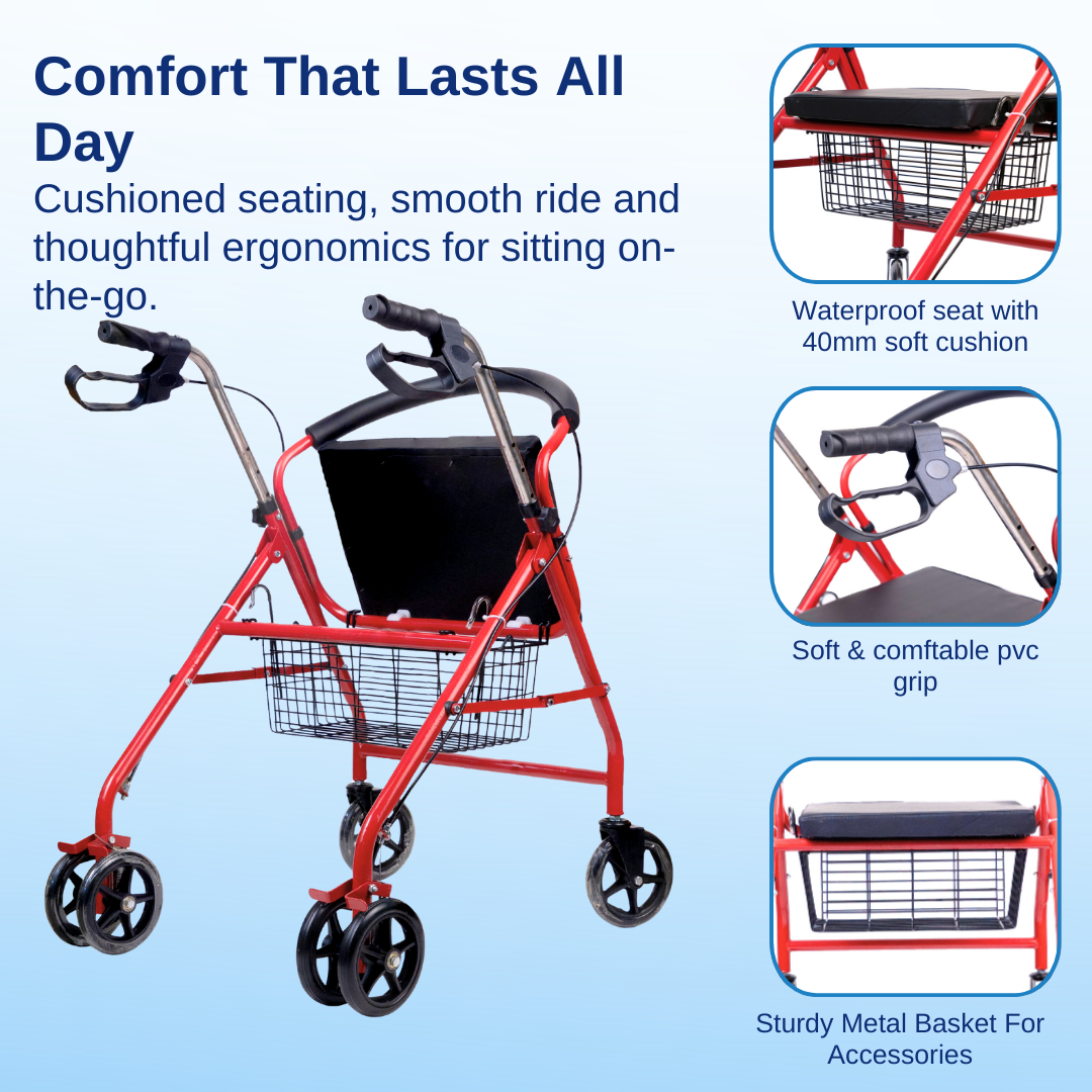 Aasraa Red Rover Rollator ARR05R | Four Wheel Rollator Walker