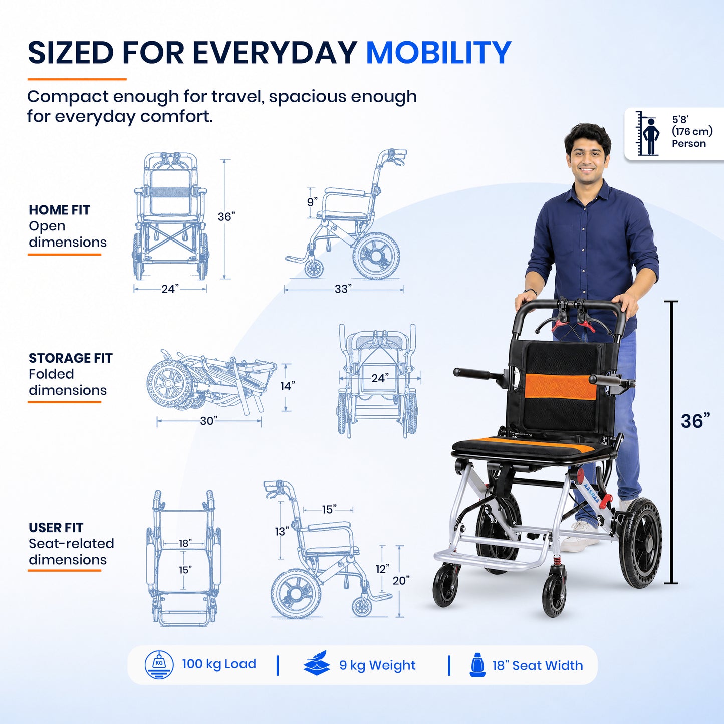 Aasraa Flyte Go Plus AR117S | Lightweight Travel Wheelchair (18 Inch Seat Width / MS Frame)