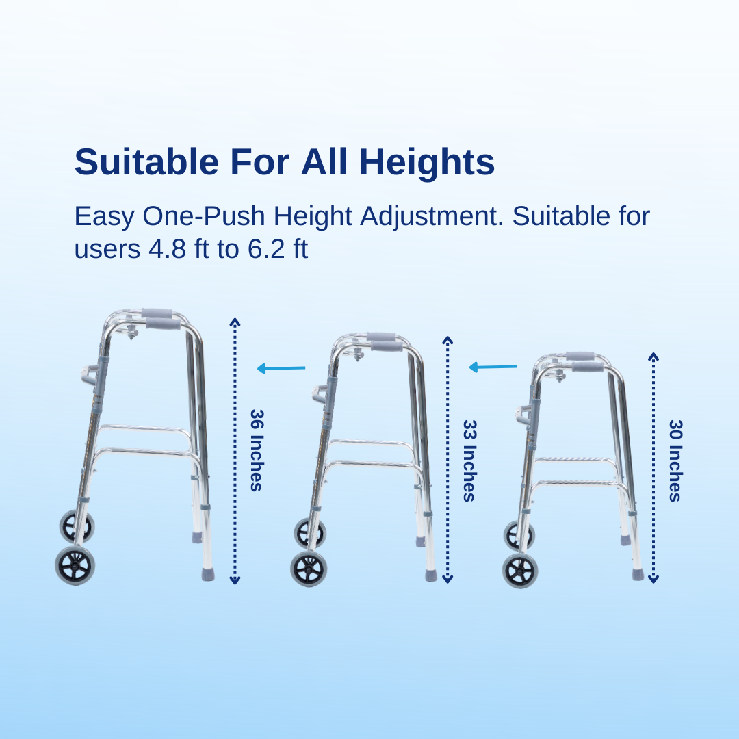 Aasraa Chromemate+ ARW35C | Aluminium Folding Walker With Wheels & Dual Walking Modes (Shiny Finish)