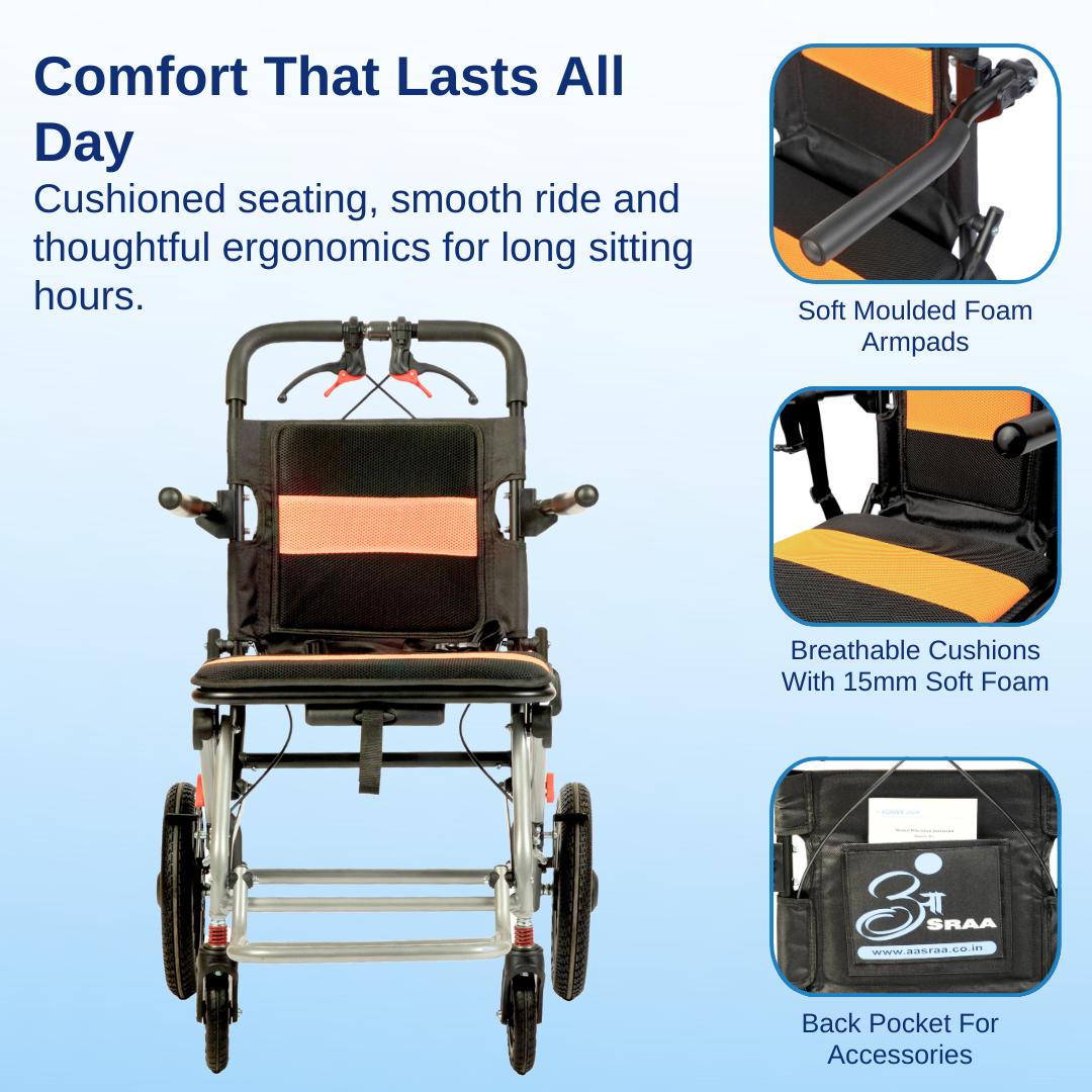 Aasraa Flyte Go Plus AR117S | Lightweight Travel Wheelchair (18 Inch Seat Width / MS Frame)