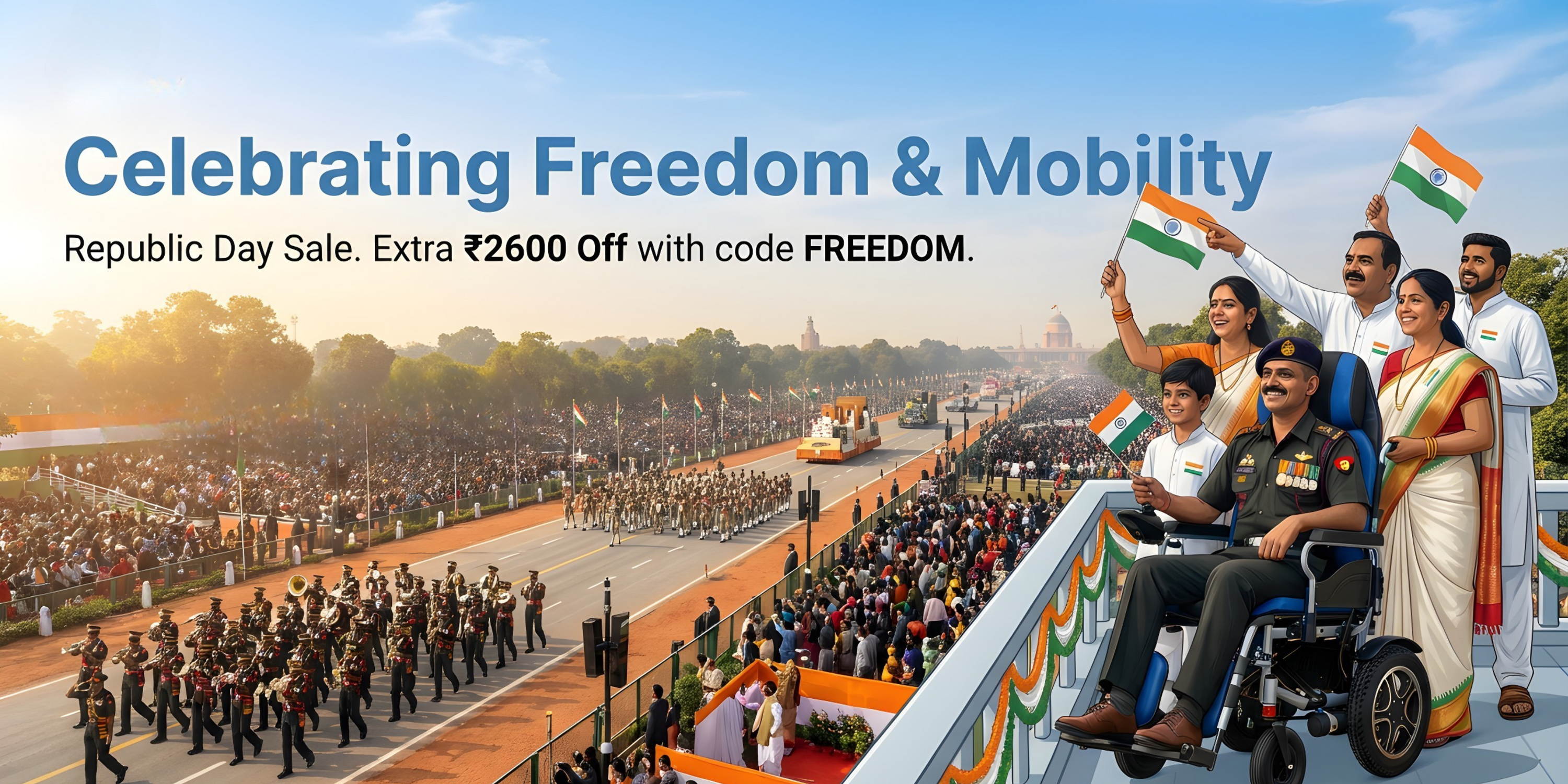 Celebration of Republic Day with people holding Indian flags and a military parade.