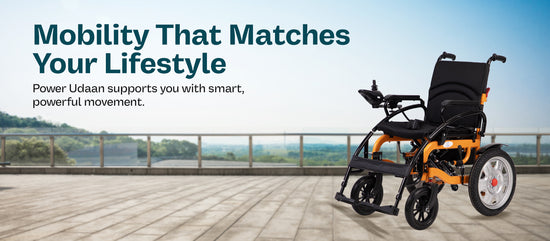 Electric wheelchair with scenic background and promotional text.